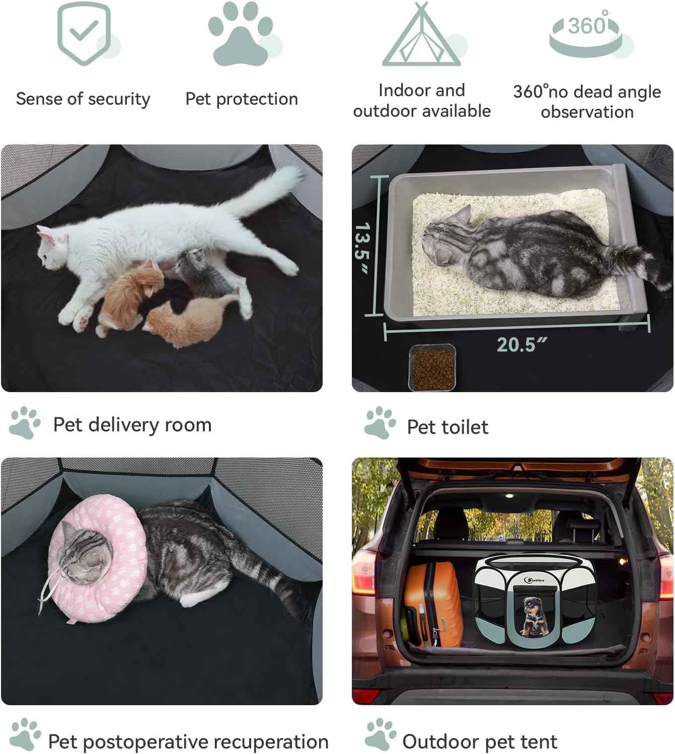 Dog Cat Playpen, Puppy Pet Playpen Indoor for Small Dogs Tent Crates Cage Outdoor, Portable Pop Up Dog Kennel Playpen with Carrying Case for Dogs/Cats/Rabbits, Removable Zipper Top, Grey