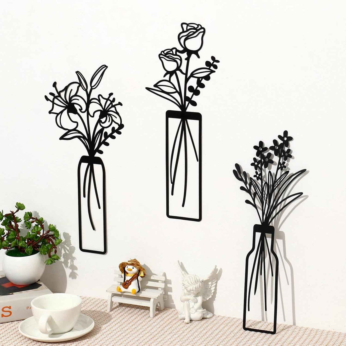 3 Pcs Large Black Metal Flowers and Vases Wall Decor Farmhouse Metal Flowers Wall Art Minimalist Art Flower Arrangement for Living Room Bedroom or Kitchen (Black, Floral C)