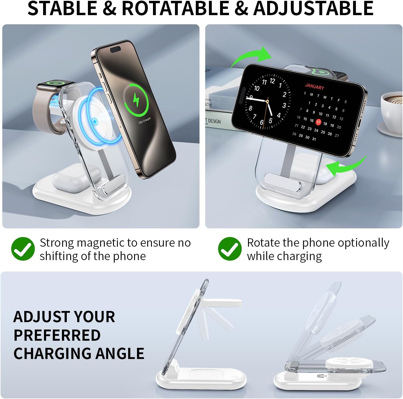 2025 Traveling Wireless Mag-Safe Fast Charging Station,Magnetic 3 in 1 Charger with Light for iPhone 17 16 15 14 13 12 Pro Max Plus,Apple Watch& Air pods 4 3 2 Pro-Gifts for Wife & Husband(White) - Rayz Mart