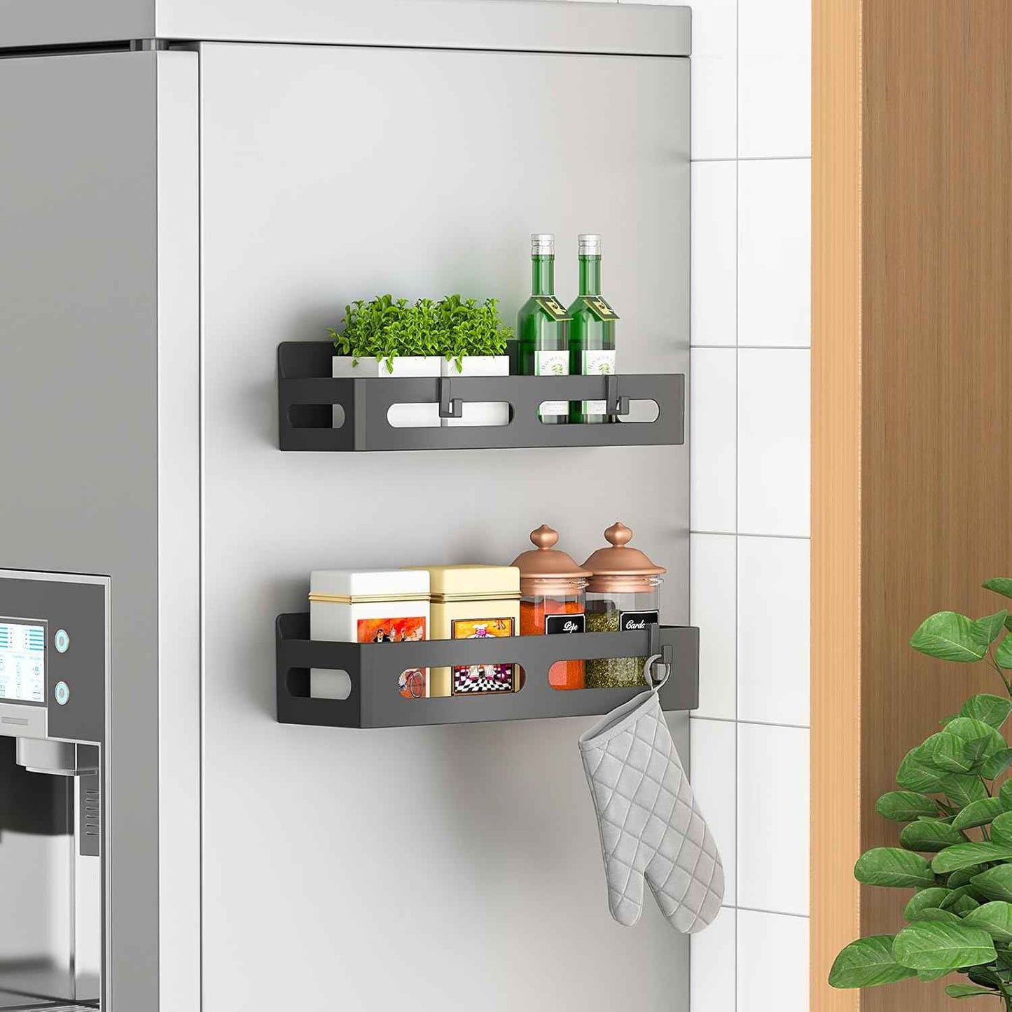 4 Pack Magnetic Spice Rack for Refrigerator, Spice Rack Organizer, Moveable Magnetic Shelf Fridge Organizer with 4 Hooks for Kitchen and Oven Organization, Black