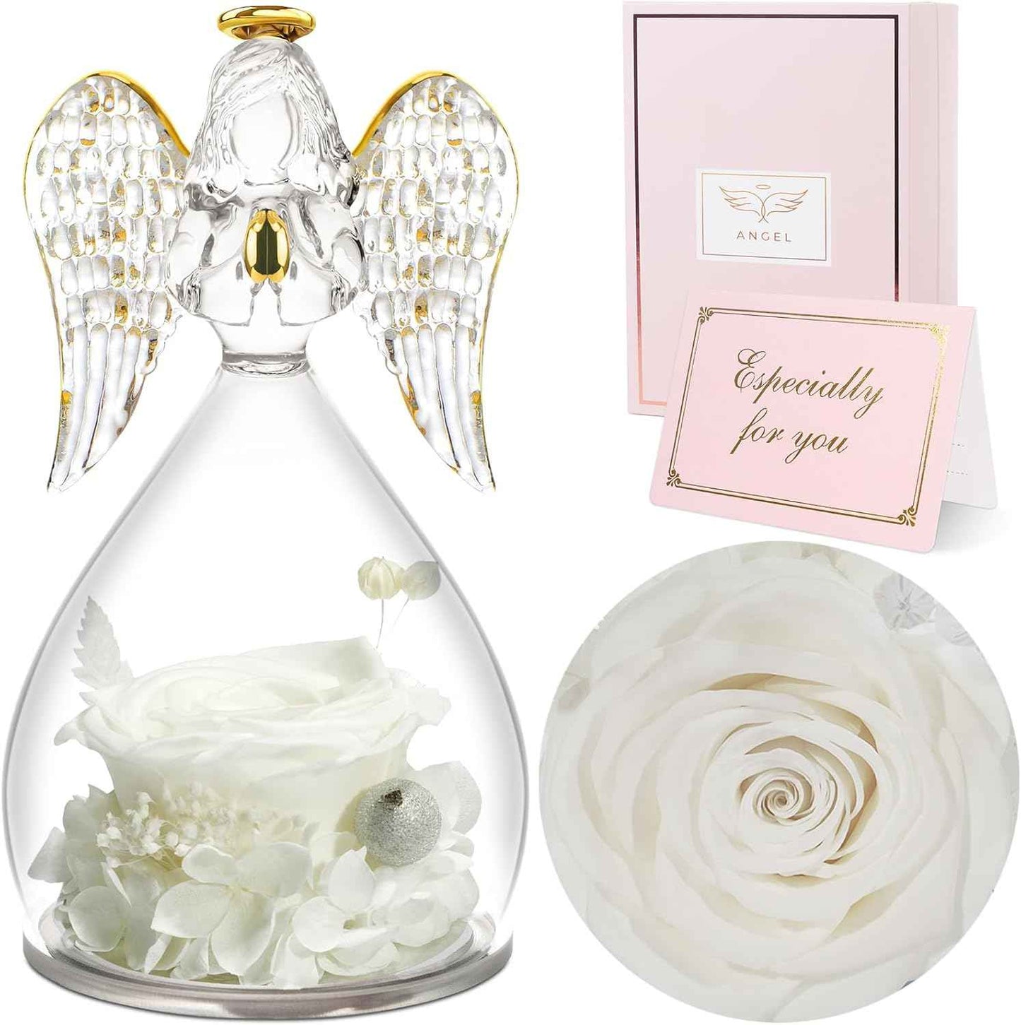 Sunia Valentines Day Rose Gifts for Women, Birthday Gifts for Mom Grandma, Forever Preserved Flower in Glass Angel Figurines Flowers for Delivery Prime, Mothers Day Real Roses for Her Wife