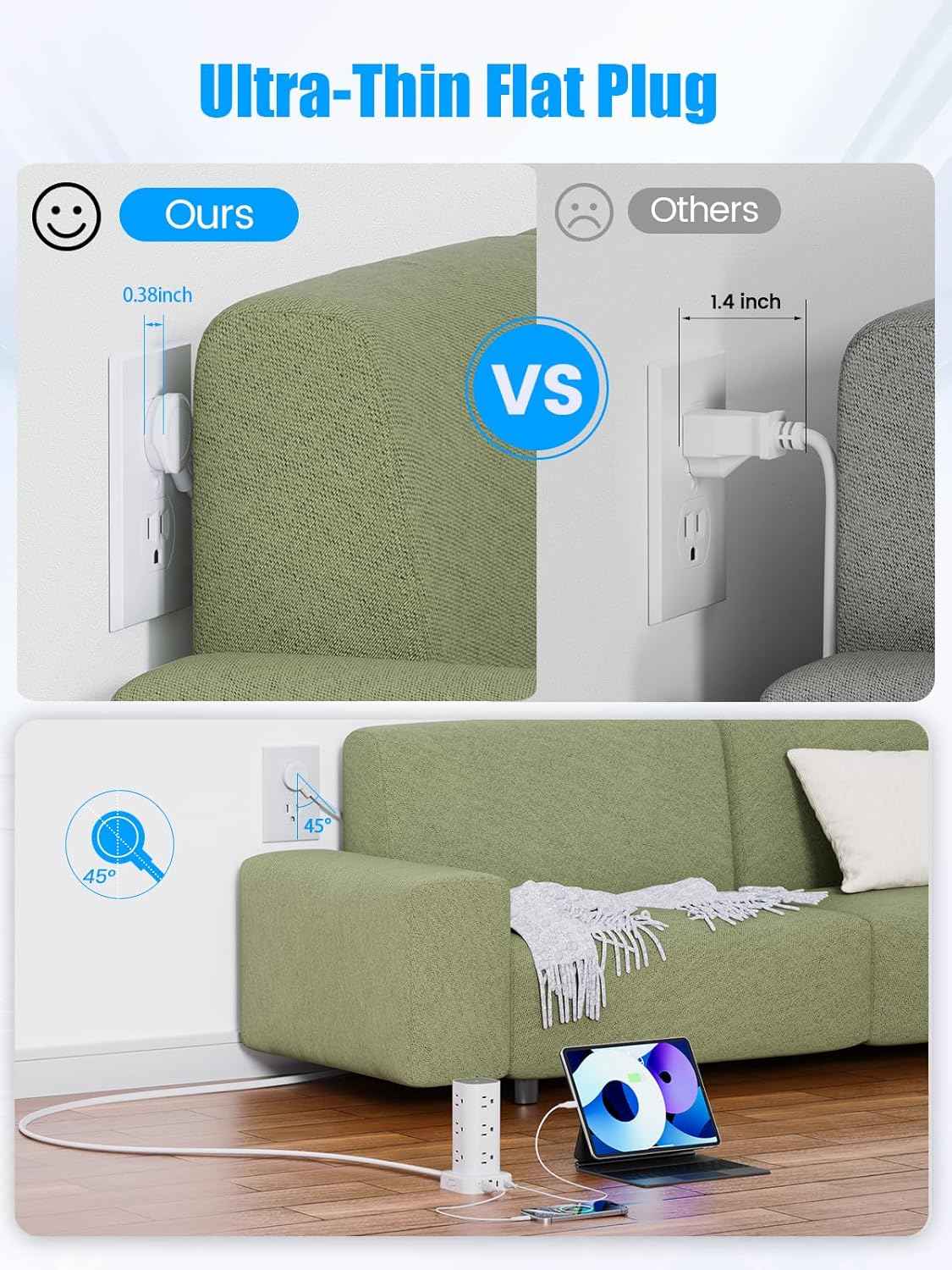 Tower Power Strips with Surge Protection, 6FT Flat Extension Cord with Multiple Outlets, 12 AC 4 USB Ports, Overload Protection Charging Station for Office Home Dorm Room Travel (White)