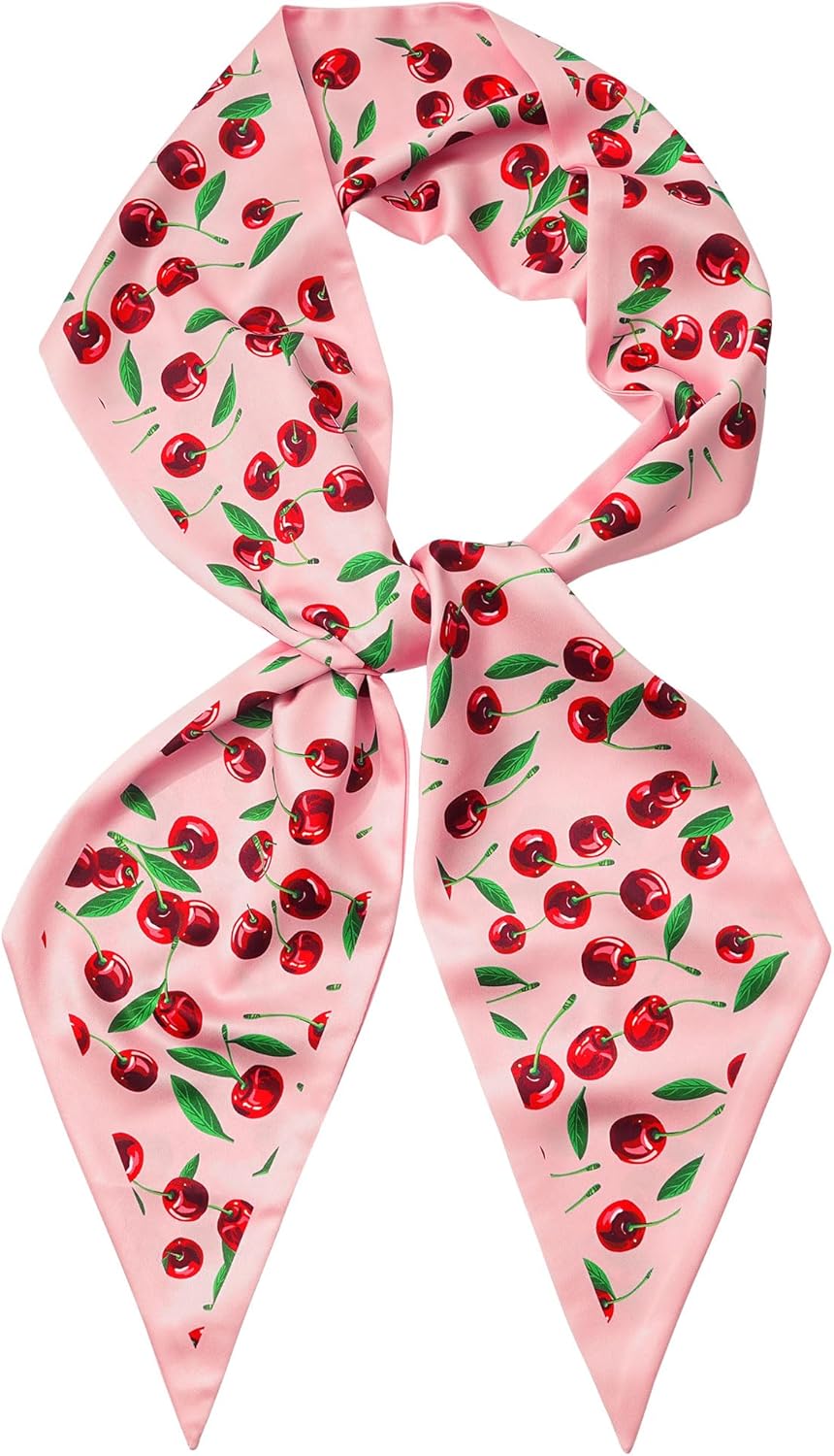 Mesovor Cherry Head Scarf Hair Neck Scarves for Women, Fashion Purse Bag Scarfs | Long Thin Satin Headscarf Headbands