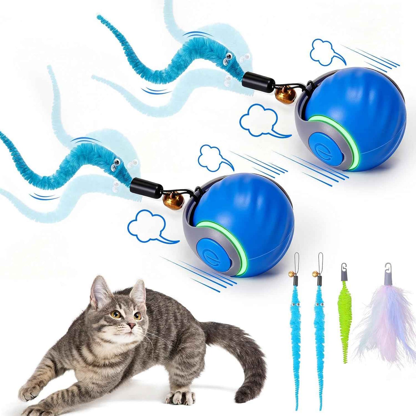 BABORUI Interactive Cat Toy Ball - Automatic Interactive Cat Toys for Indoor Cats with 3 Tails, 2 Speeds Rechargeable Cat Enrichment Toys for Small/Medium/Large Cats to Keep Them Busy(Blue)