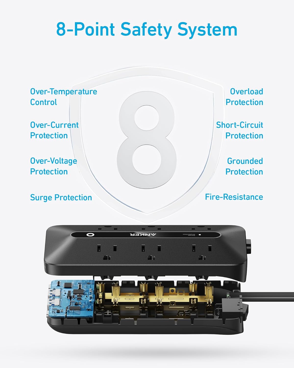 Anker 10-in-1 Flat Plug Power Strip – 6 AC Outlets, 2 USB-A & 2 USB-C Ports, 5Ft Extension Cord Desk Charging Station for Home & Office