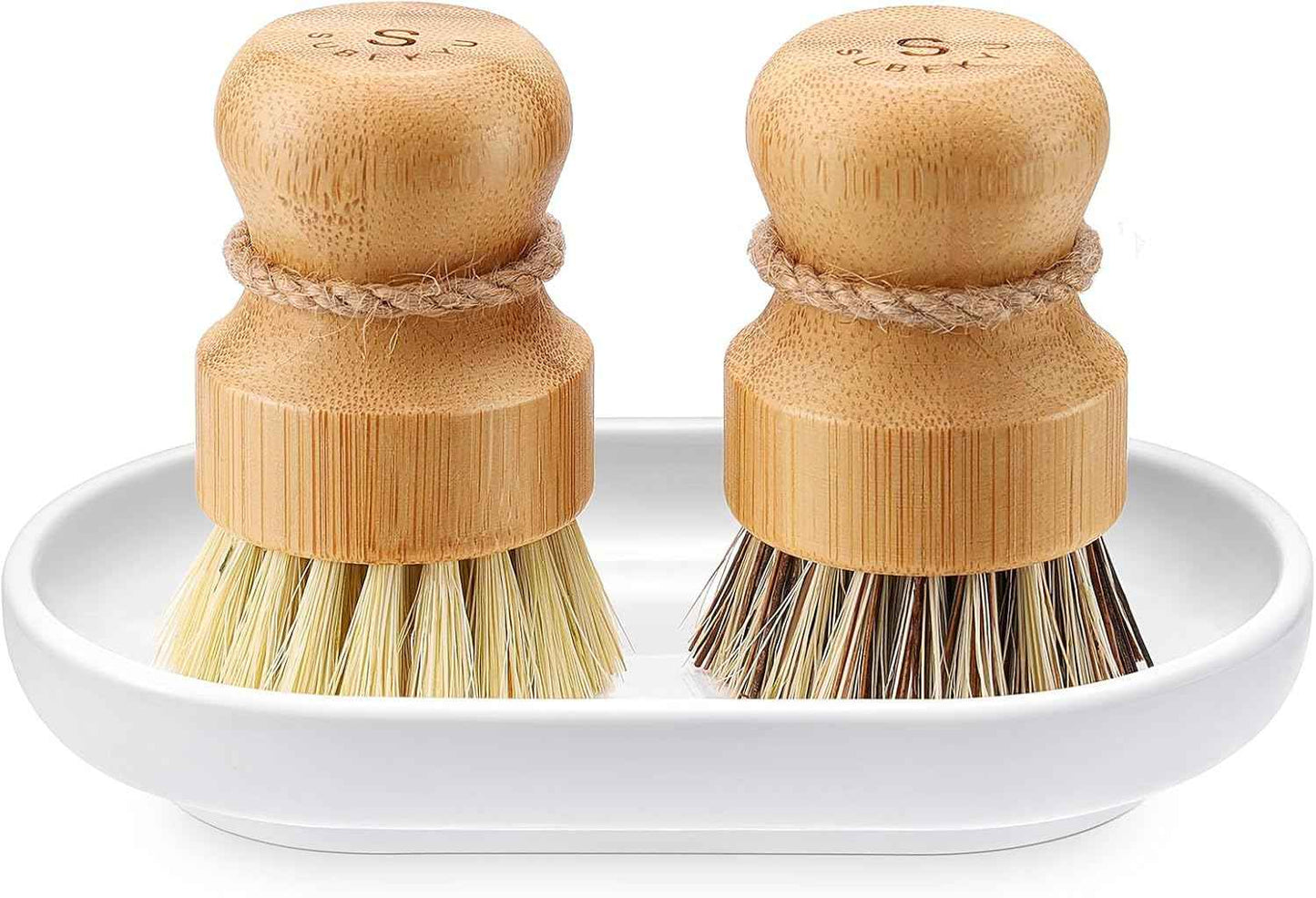 SUBEKYU Bamboo Dish Scrub Brush for Kitchen Sink, Natural Wooden Washing Dish Brush Scrubber with Sisal Bristles for Household Cleaning, Cast Iron Pots, Pans and Vegetables