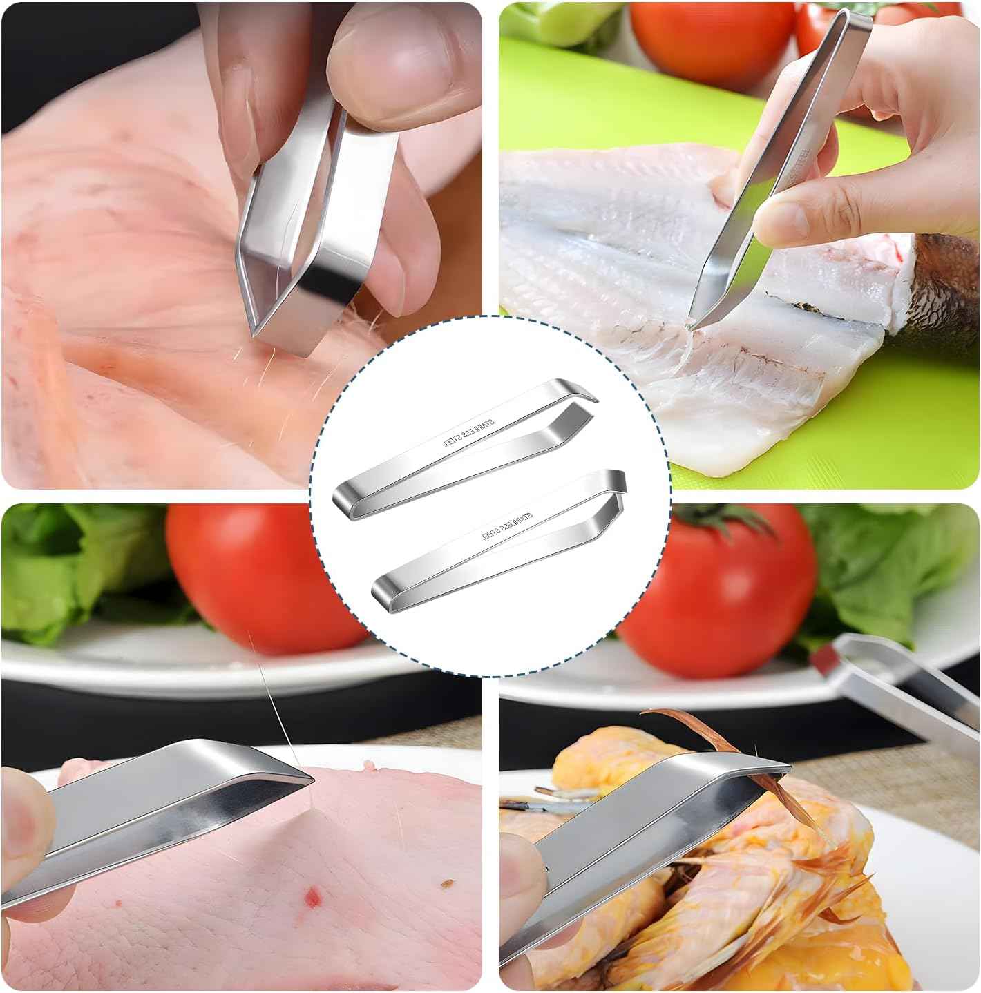 2 PCS Fish Bone Tweezers, 430 Stainless Steel Flat & Slant Pliers Set for Kitchen Removing Salmon Trout Bones,Chicken Feathers