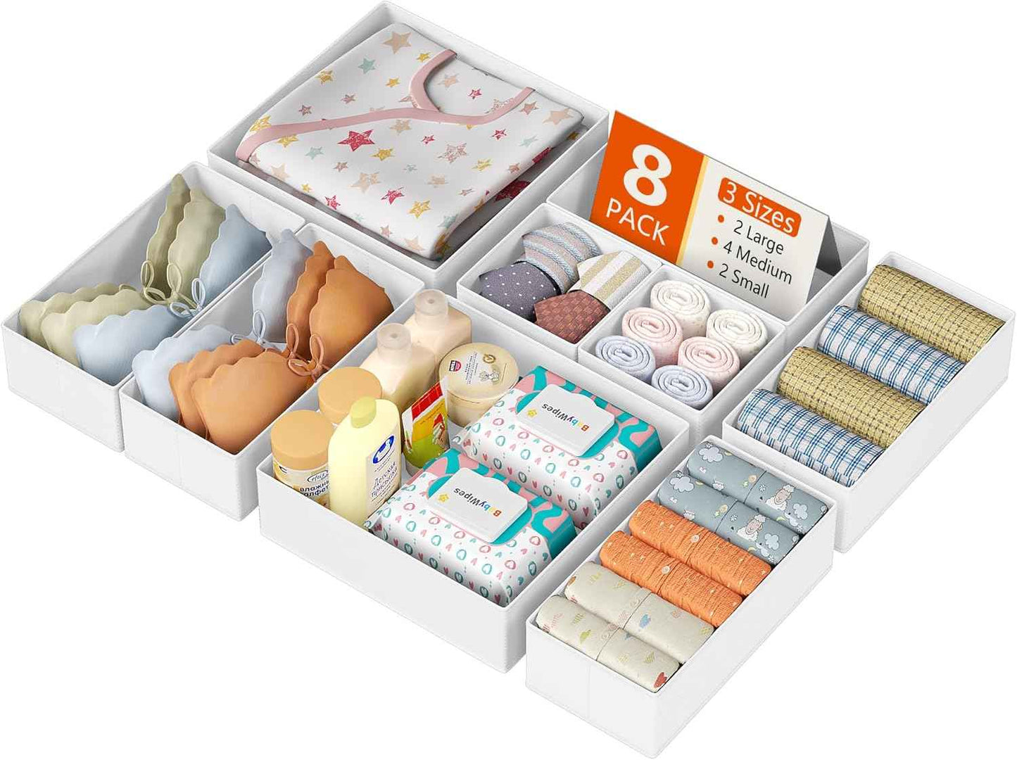 DIMJ Drawer Organizer Clothes, 12 Pack Dresser Organizer, Foldable Closet Organizers and Storage, Fabric Dresser Bins, Drawer Dividers for Nursery, Baby Clothes, Underwears, Sock (Beige)