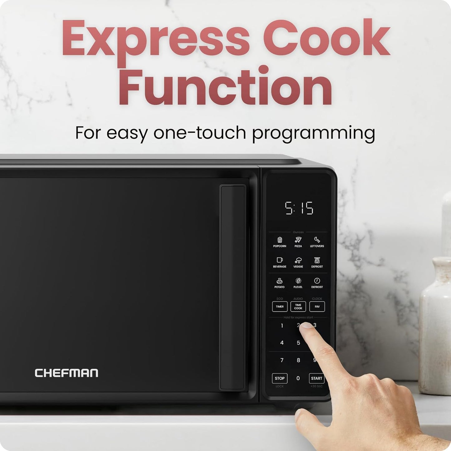 Chefman Countertop Microwave Oven 0.7 Cu. Ft., 700 Watts with 10 Power Levels, 6 Cooking Presets with One-Touch Express Cook, Eco Mode, Child Safety Lock, & Mute Button - Black