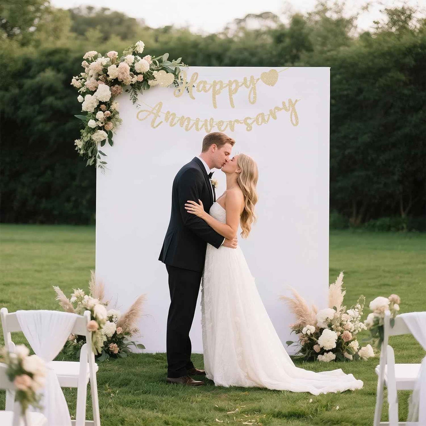 Happy Anniversary Banner, Pre-Strung Gold Glitter Wedding Anniversary Decorations Romantic, Couples Shower Decorations Banner For Happy Wedding Reception Day Bridal Shower Party