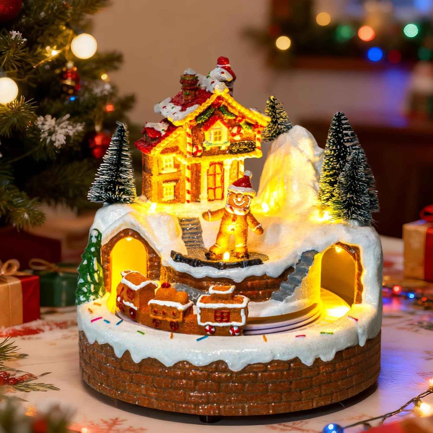 Animated Collection Figurines Musical Christmas Tree Spinning Train Deer Snowman with Rotating Train, Lighted Christmas Collection Figurines for Home Tabletop Decorations Ornaments Gifts