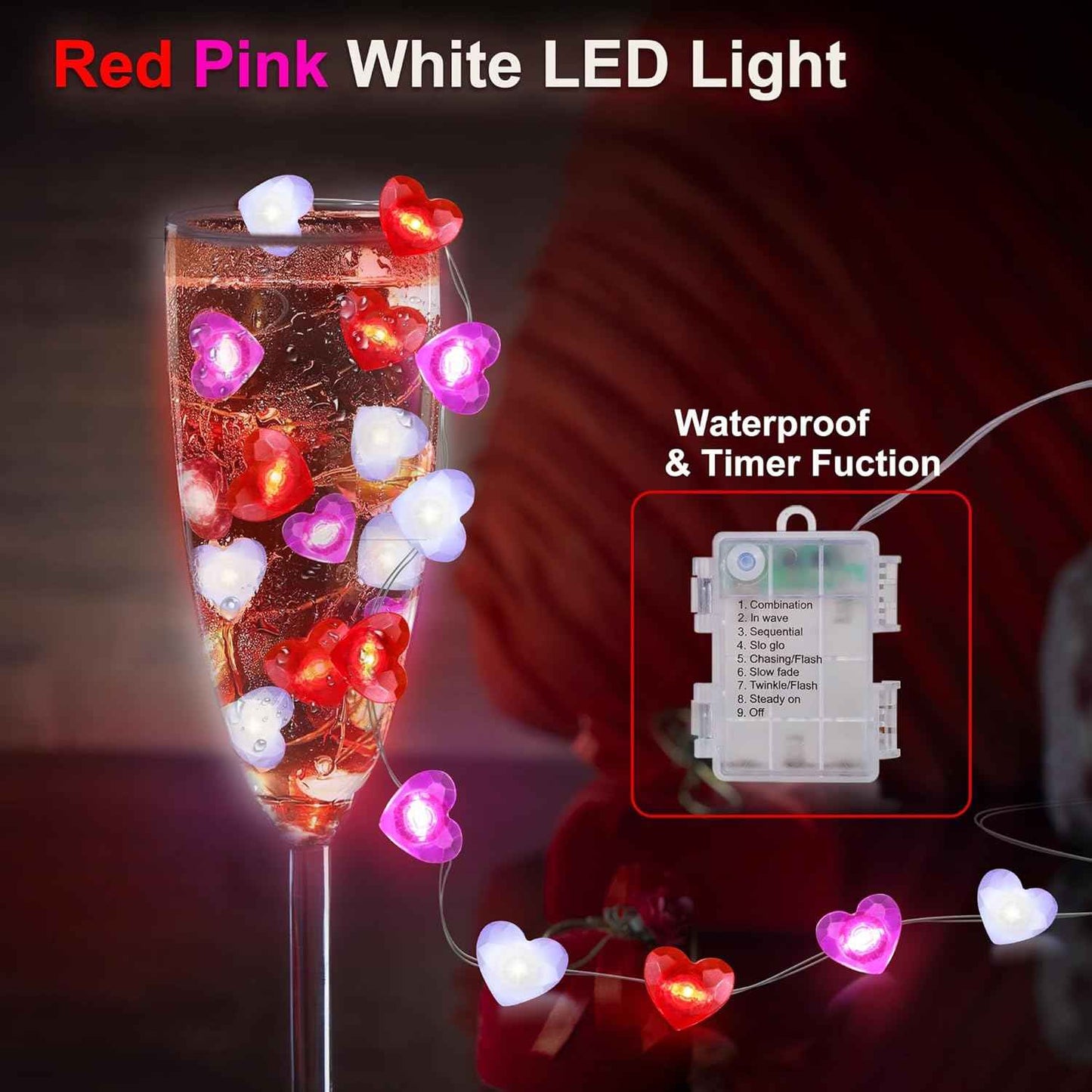 Valentines Decor 10FT 30 LED Valentine's Lights with Timer, Red Pink White Heart Lights String Battery Operated, 8 Modes Valentines Decorations Heart Fairy Lights Romantic Decor Home Bedroom