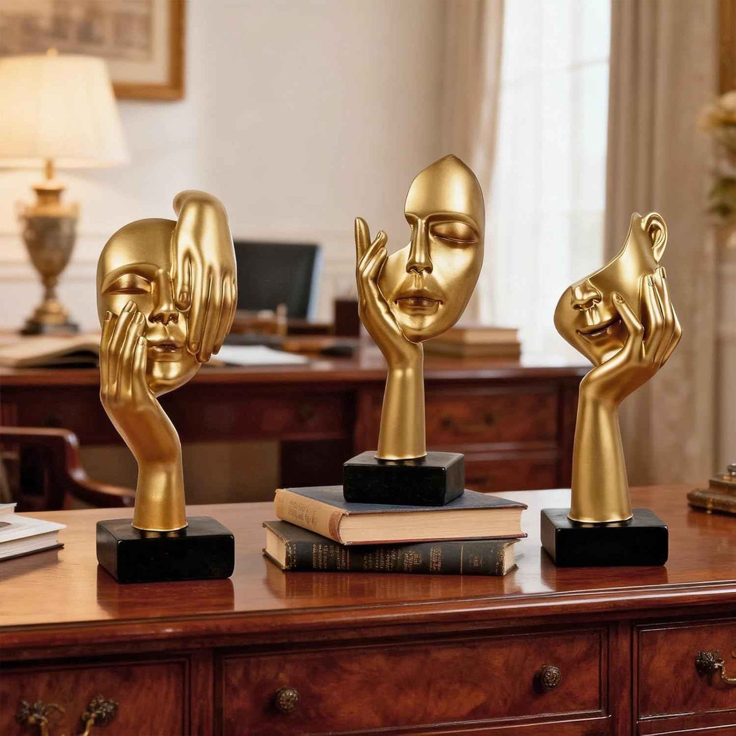 3 Pcs Thinker Statue,Modern Home Resin Sculptures,Collectible Figurines for Home Office Bookshelf Desktop Decor(Golden)