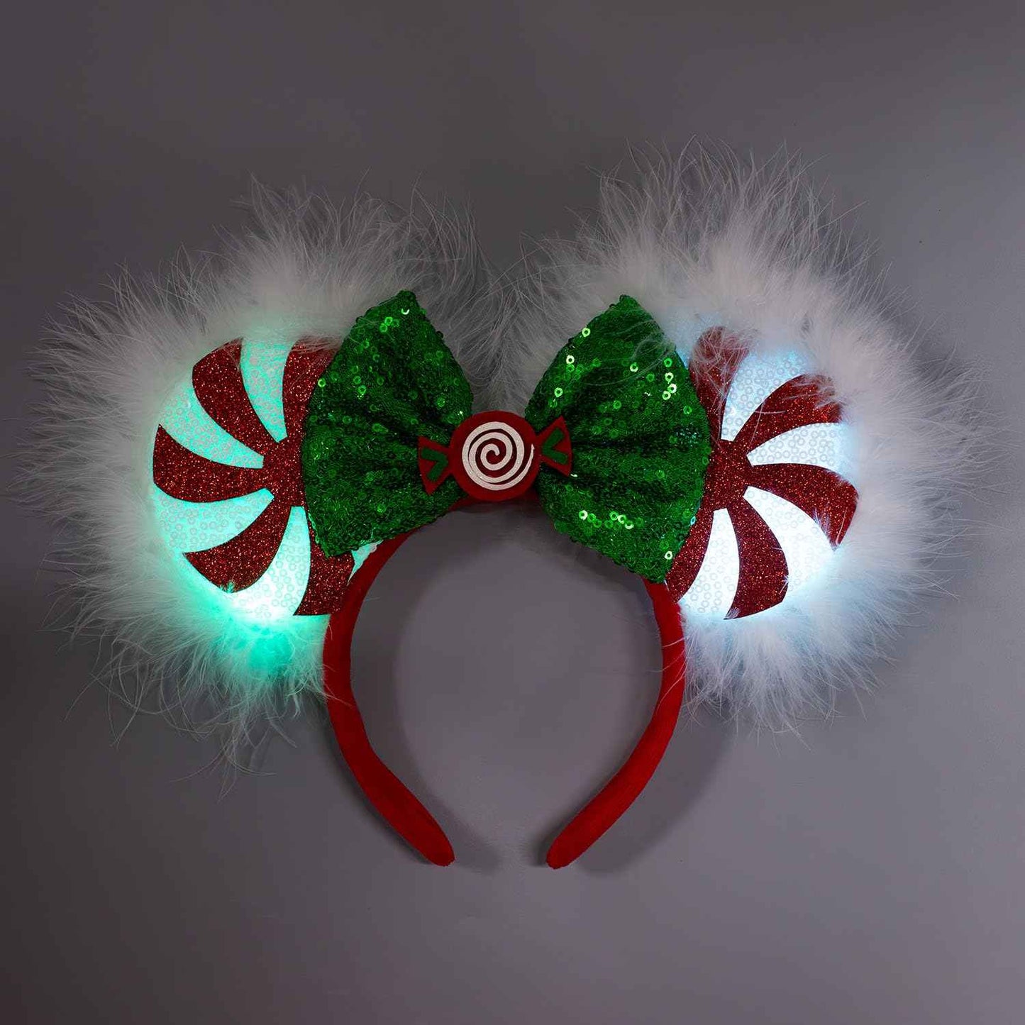 JIAHANG Christmas LED Flash Mouse Ear Headband, Lollipop Light Up Furry Edged Sequin Bow Hairband, Glowing Festival Party Decoration Headwear for Women Girls