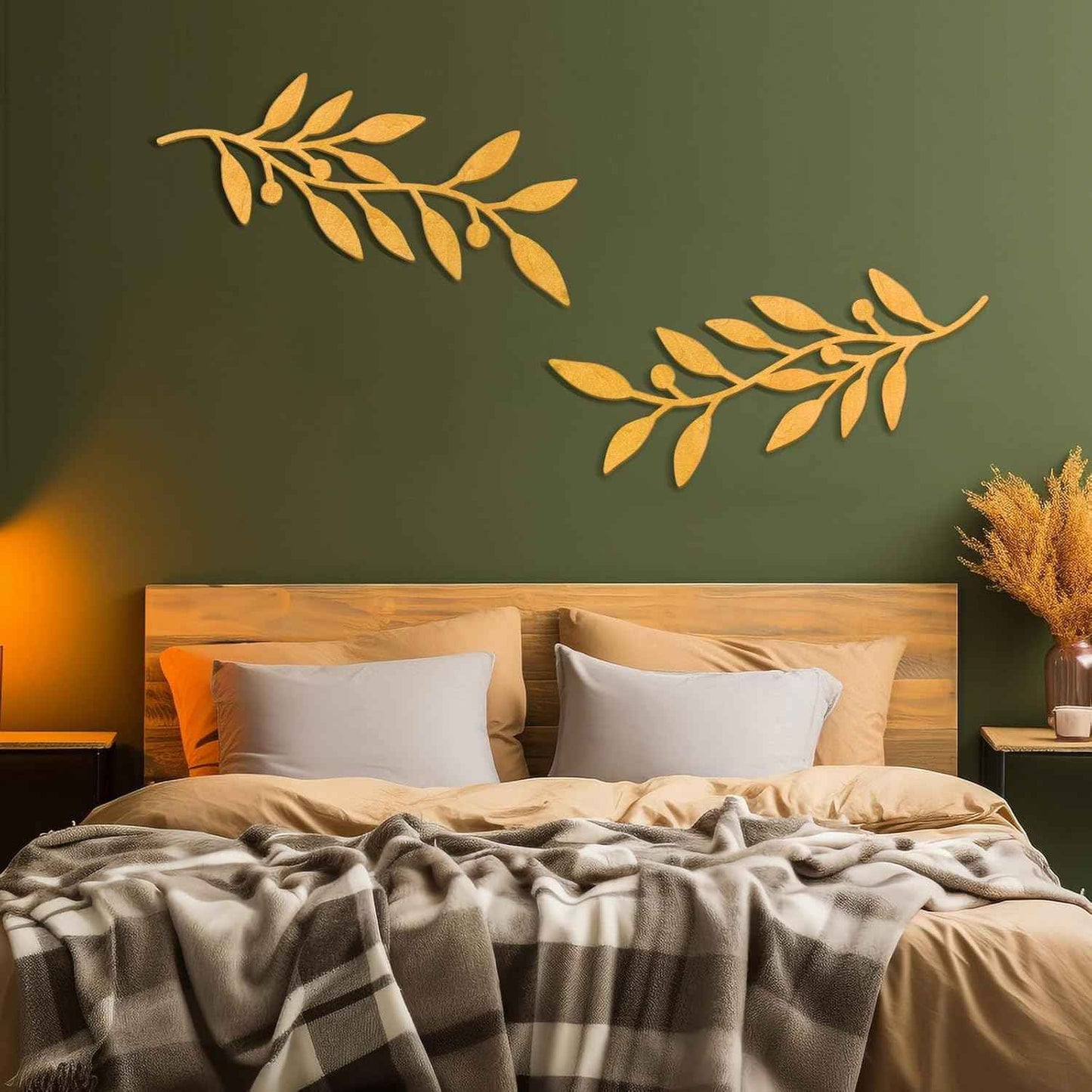 Zzbakress 2 Pieces Wooden Vine Olive Branch Leaf Leaf Wall Decor,Farmhouse Signs for Living Room Decoration (Gold)