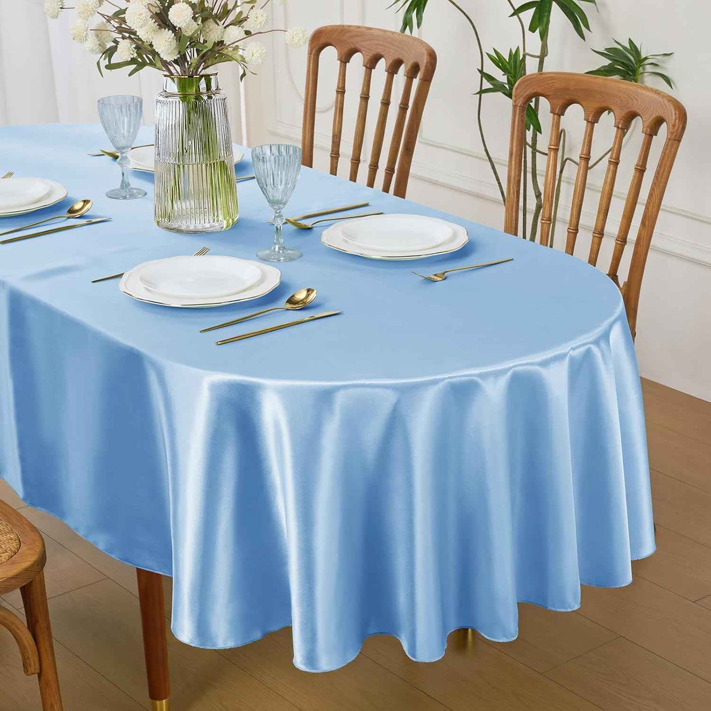 White Satin Oval Tablecloth 60 x 84 Inch Washable for Indoor/Outdoor Use, Wrinkle Resistant Stain Fabric Table Cover for Farmhouse, Dining, Kitchen, Wedding, Banquet, Party