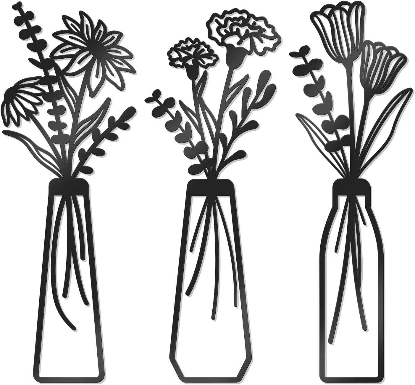 3 Pcs Large Black Metal Flowers and Vases Wall Decor Farmhouse Metal Flowers Wall Art Minimalist Art Flower Arrangement for Living Room Bedroom or Kitchen (Black, Floral C)