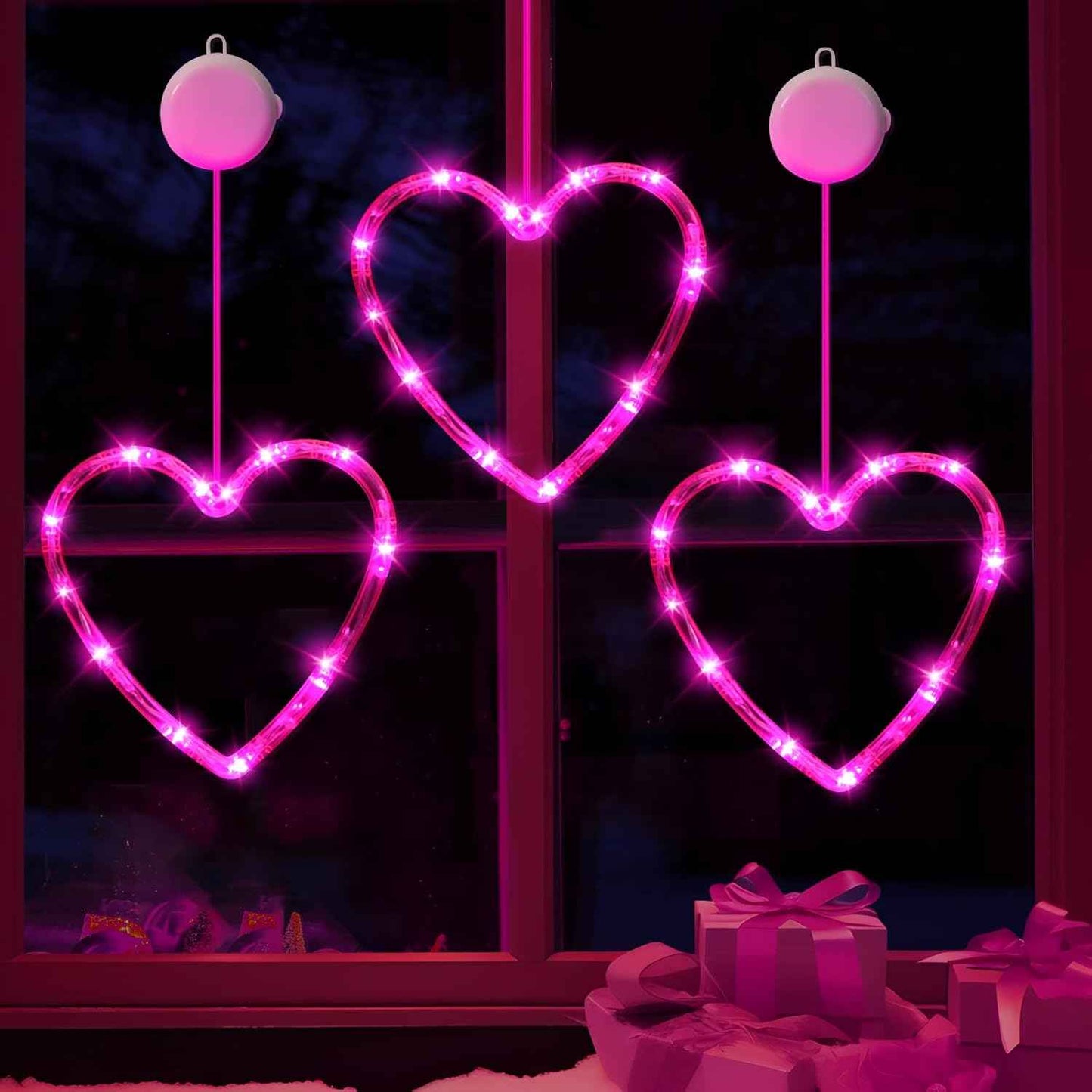3 Pack Valentines Day Window Lights Decorations with Timer, Battery Powered Hanging Red Lighted Heart Shaped Silhouette Sucker LED Lamp for Fireplace Indoor Home Decor