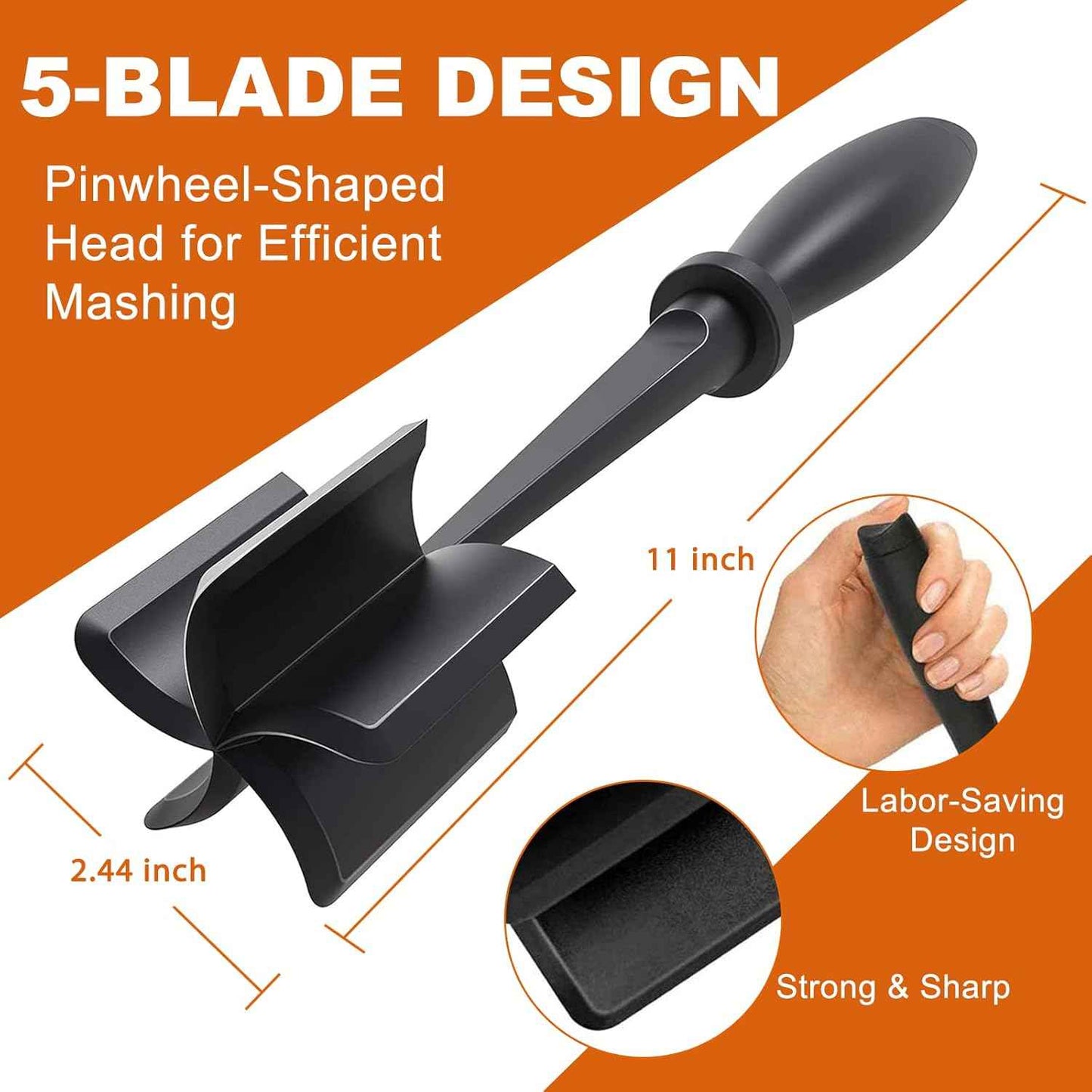 Heat Resistant Hamburger Masher - 5 Curve Blade Meat Masher for Hamburger, Mix and Chop Kitchen Tool