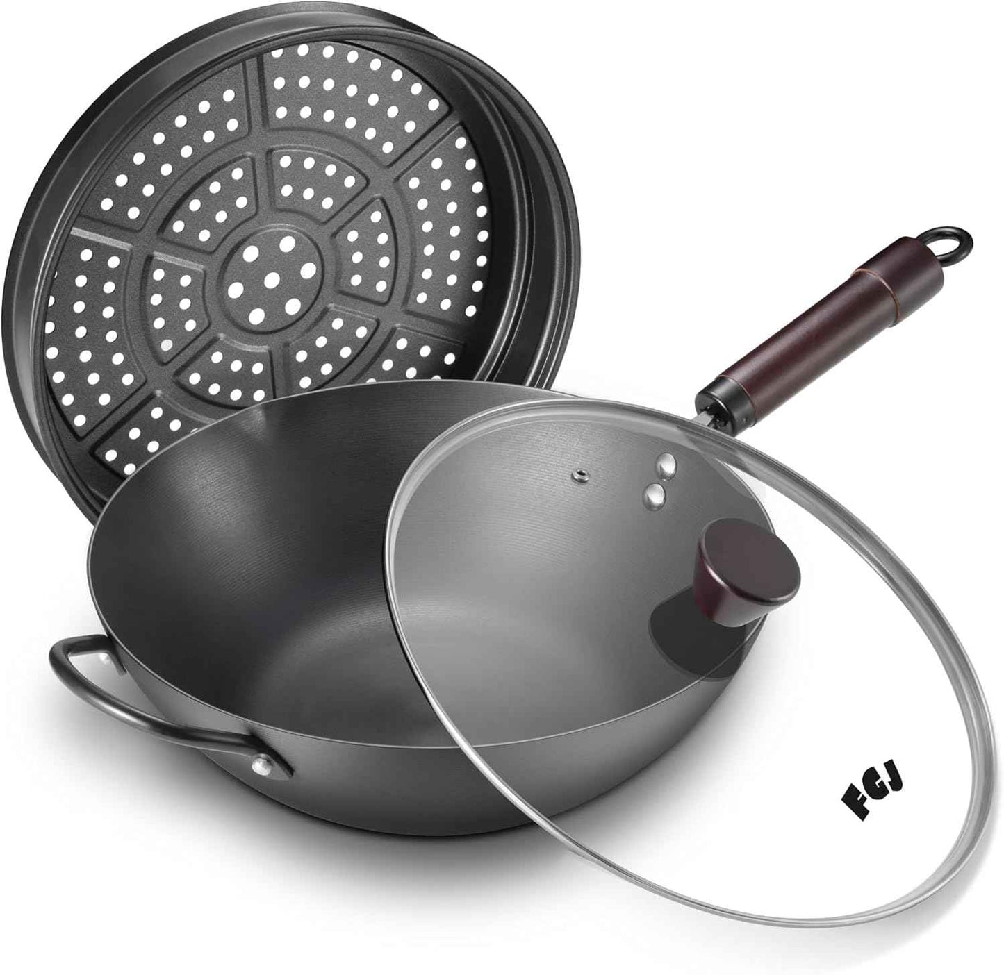 Wok, 13 Inch carbon steel woks & stir-fry pans nonstick, Pre-Seasoned 5.8QT Flat Bottom Chinese Wok Paella Pan with lid, Carbon Steel Cookware, Compatible with All Cooktops