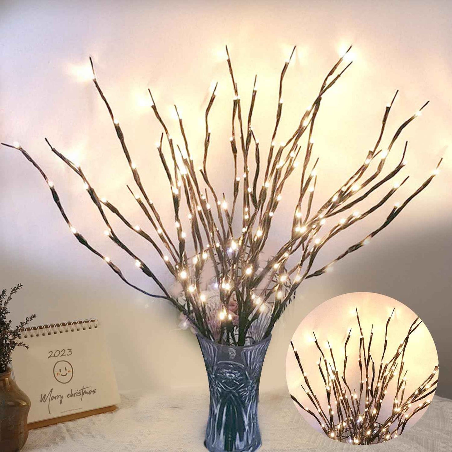 DK177 2 Pack Led Branch Light Battery Operated Lighted Branch Vase Filler Willow Tree Artificial Little Twig Power Brown 30 Inch 20 LED for Home Romantic Decoration, Warm White