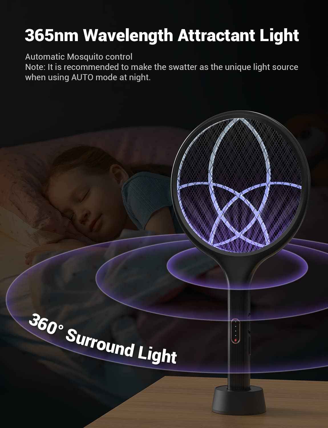 YISSVIC Electric Fly Swatter Bug Zapper Racket Dual Modes Mosquito Killer with Purple Mosquito Light Rechargeable for Indoor Home Office Backyard Patio Camping