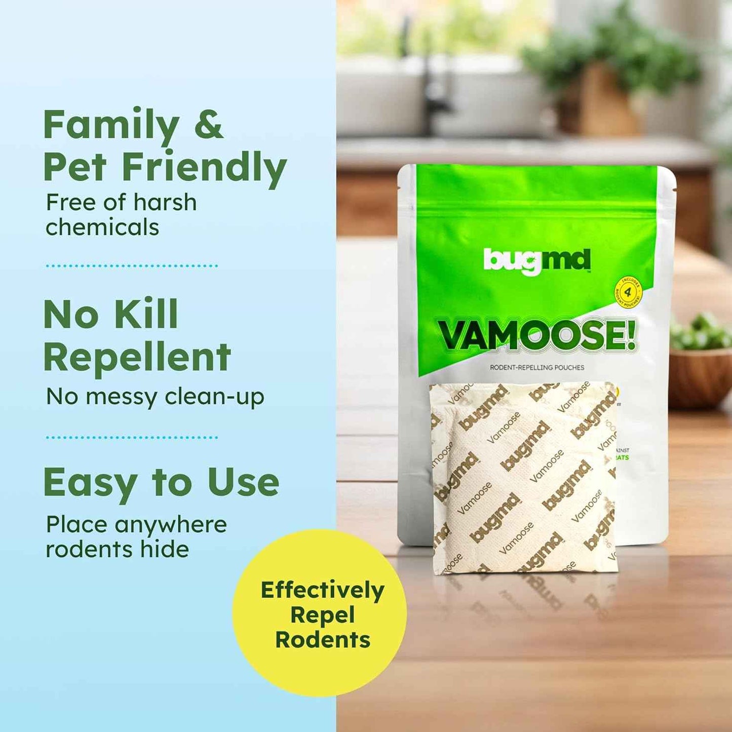BugMD Vamoose Rodent Repellent Pouches (1 Pack, 4 Pouches) Plant-Powered Rat Repellent, Mouse Deterrent, Indoor & Outdoor Mice Repellent, Best Mouse Repellent, Natural Rat & Mouse Repellent