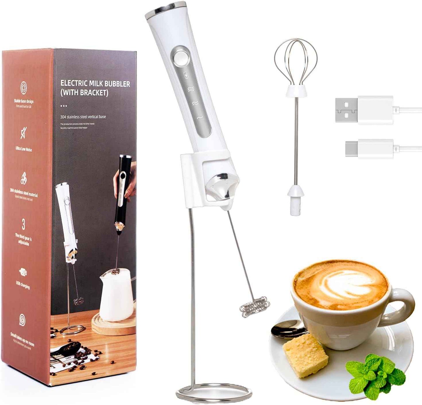 Rechargeable Milk Frother Handheld For Coffee,3 Speeds Frother Wand With Stand, Batidora De Mano Electrica,Coffee Frother With 2 Heads,Drink Mixer Electric Handheld,Kitchen Essentials(Black)