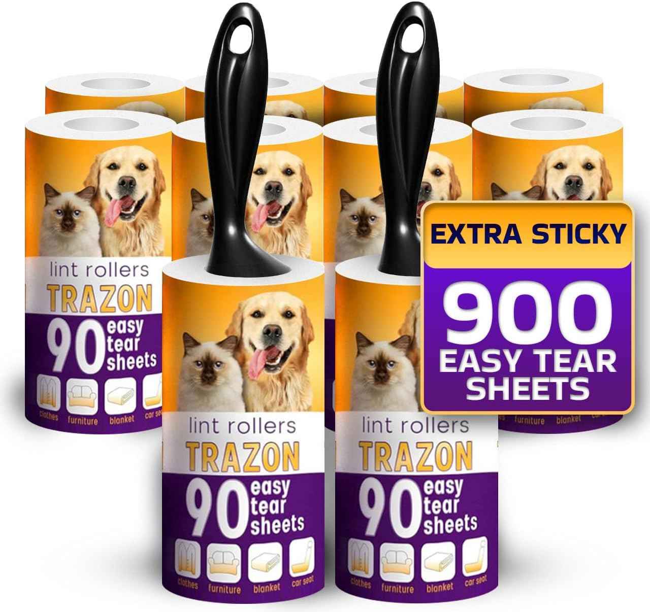 Lint Rollers Value Pack of 450 Sheets / 5 Refills, Sticky Roller, Lint Remover for Dog, Cat, Pet Hair, Lint Rollers for Clothes, Carpet, Couch, Furniture, Car Seats White