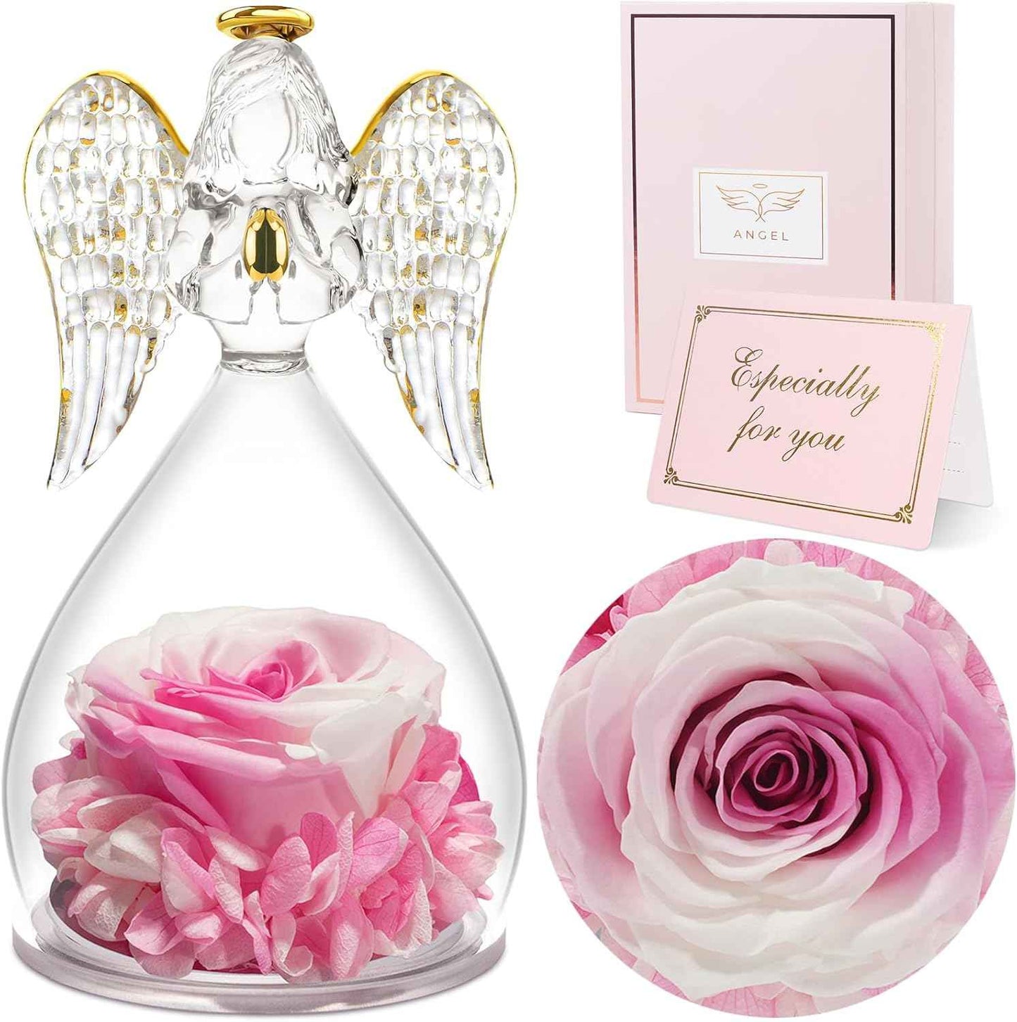Sunia Valentines Day Rose Gifts for Women, Birthday Gifts for Mom Grandma, Forever Preserved Flower in Glass Angel Figurines Flowers for Delivery Prime, Mothers Day Real Roses for Her Wife