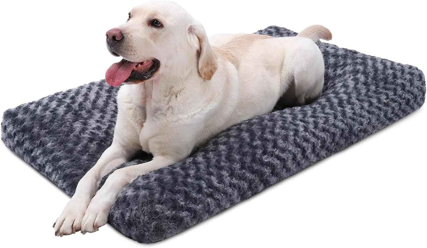 KSIIA Washable Dog Bed Deluxe Plush Dog Crate Beds Comfy Kennel Pad Anti-Slip Pet Sleeping Mat for Large, Jumbo, Medium, Small Dogs Breeds, 35" x 23", Gray