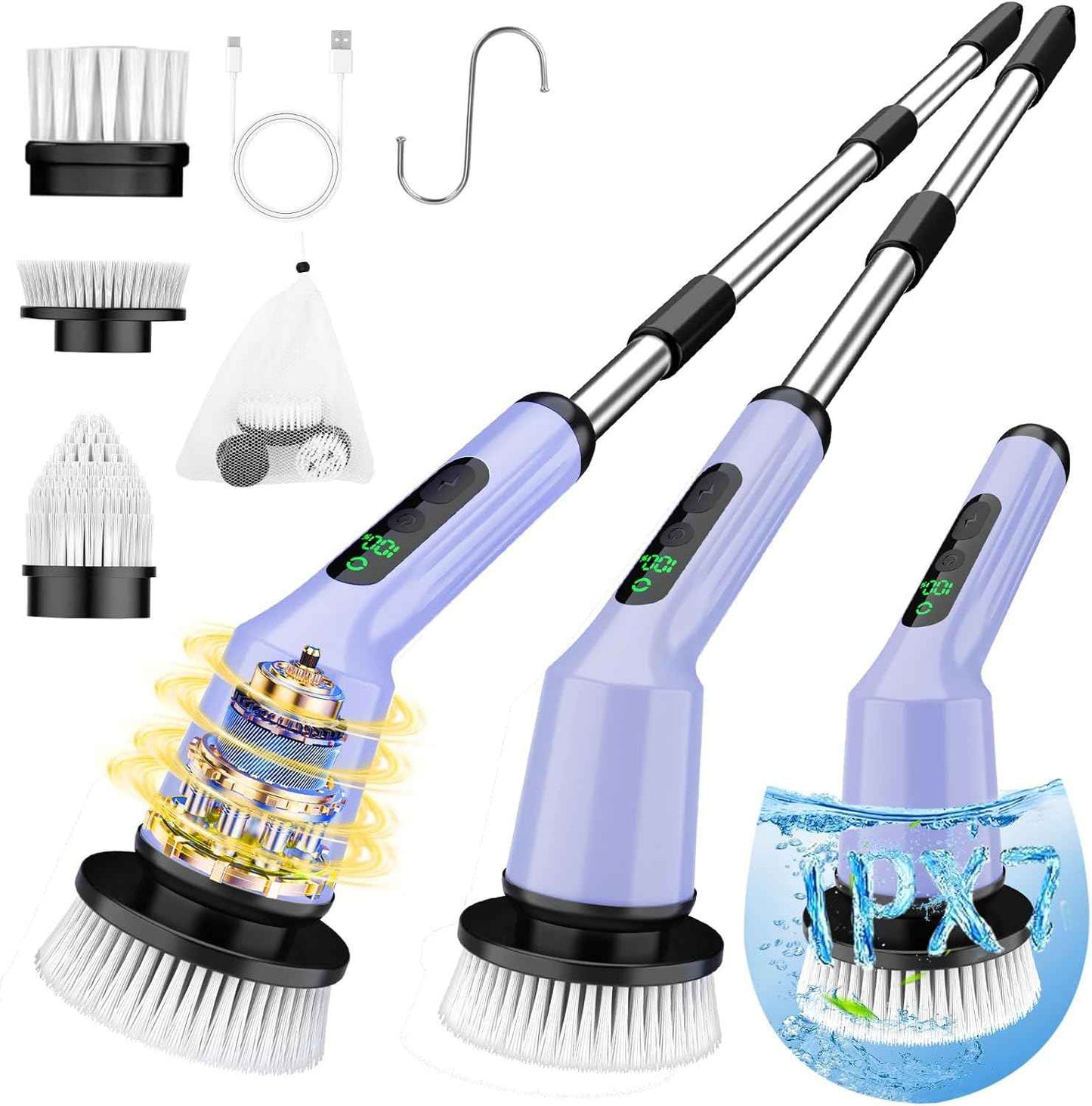 Electric Spin Scrubber for Cleaning Bathroom, Shower Scrubber Cordless Cleaning Brush with IPX7 Waterproof & 2 Speed, 3 Brush Heads, Bathroom Cleaning Supplies for Shower Tub Kitchen Tile Toilet White