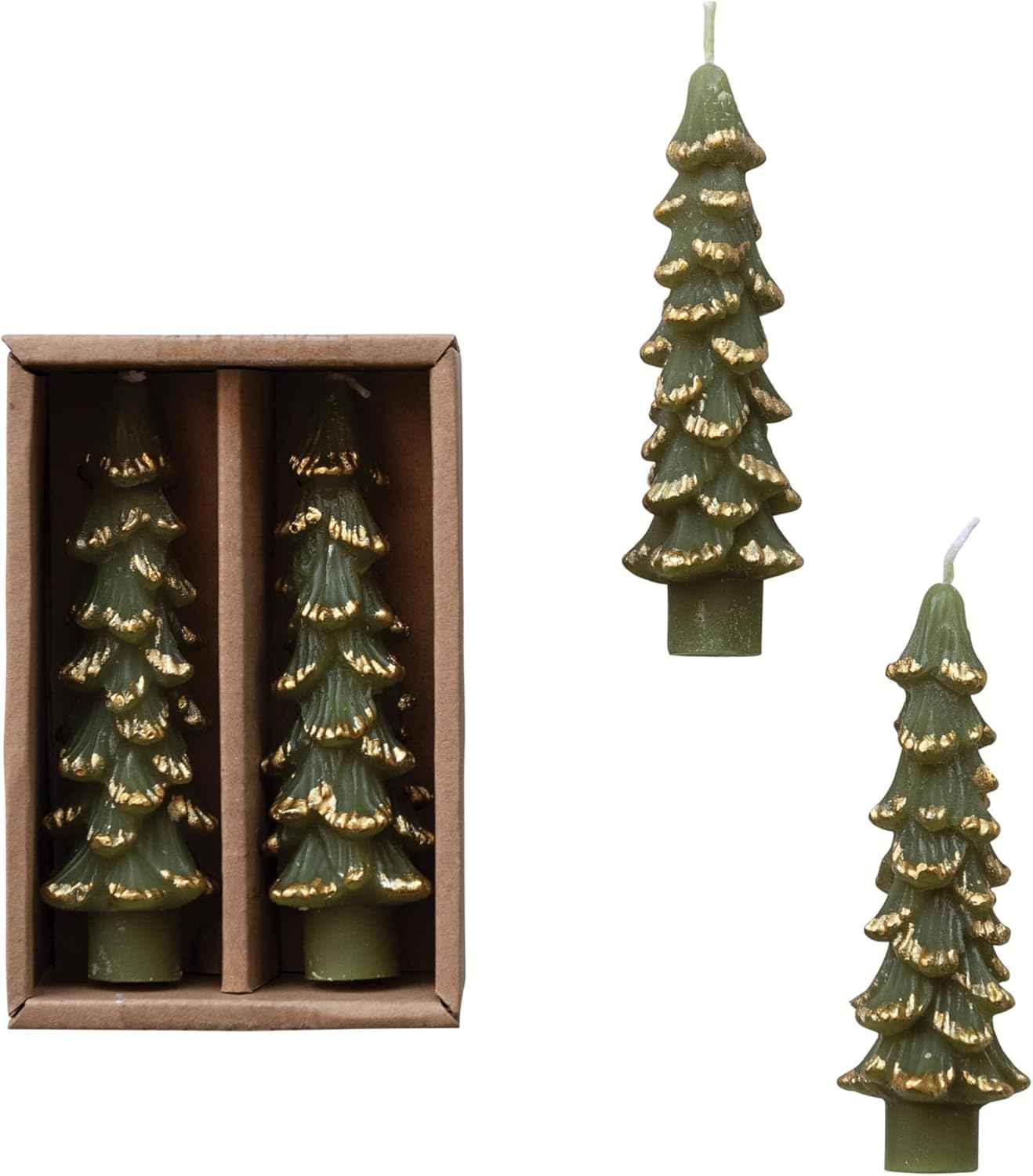 Creative Co-Op Unscented Tree Shaped Taper Candles, Evergreen, Boxed Set Of 2
