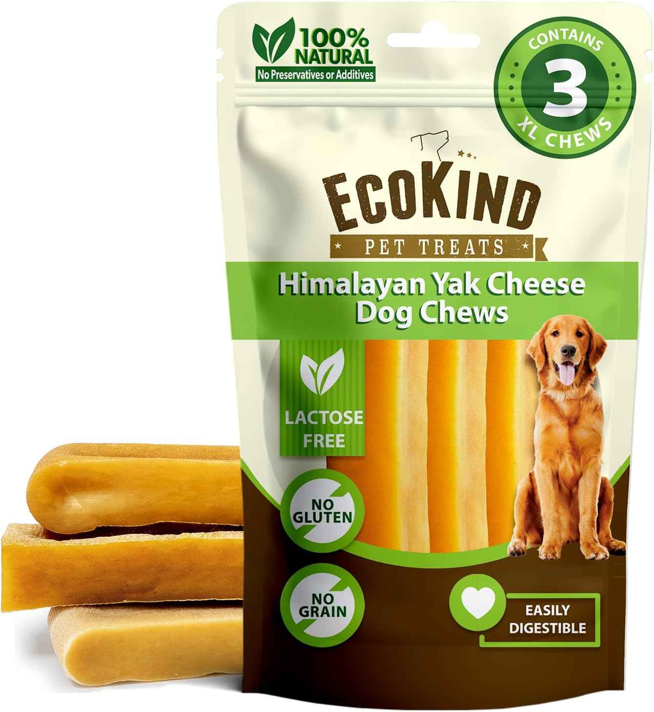 EcoKind Premium Gold Yak Cheese Himalayan Dog Chews, Dog Treats Large Breed, All Natural, High Protein, for Aggressive Chewers, Large - 4 Chews (1 lb)