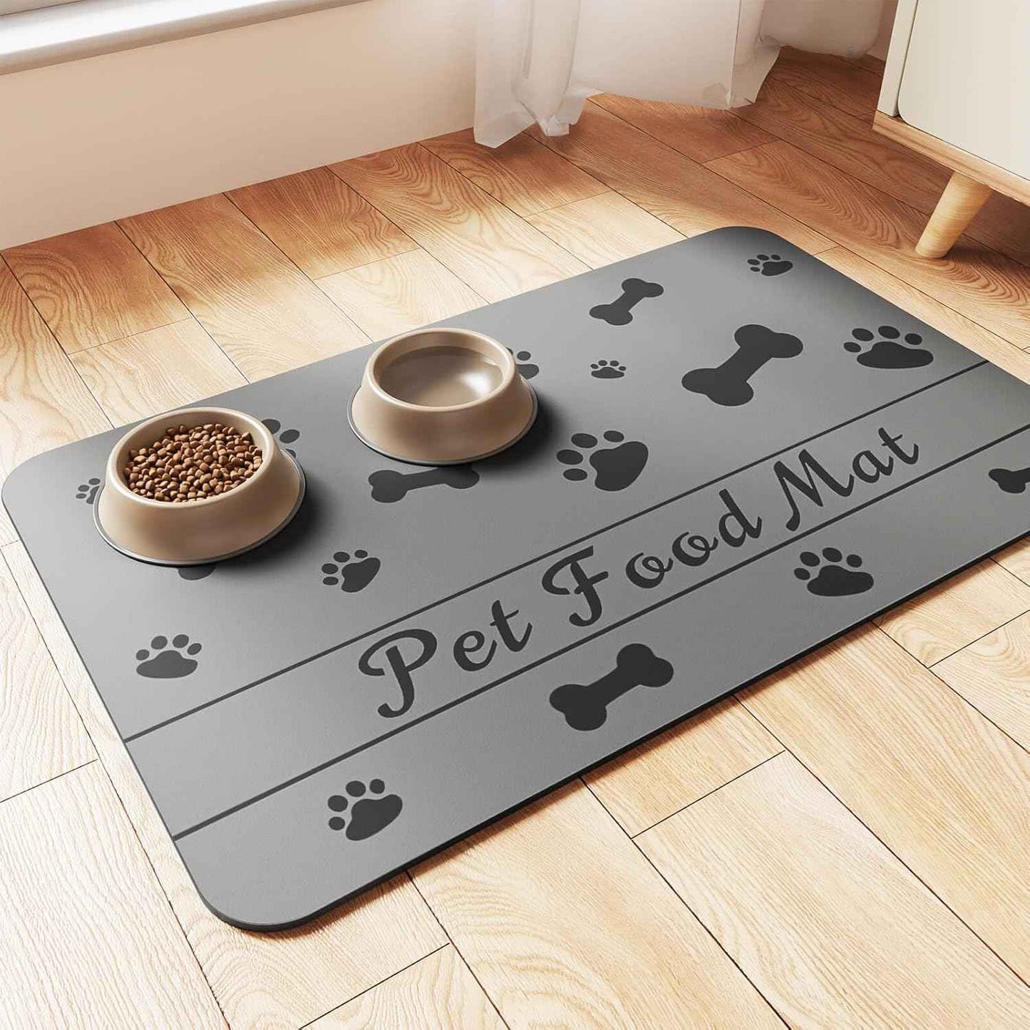 Pet Feeding Mat-Absorbent Pet Placemat for Food and Water Bowl, with Waterproof Rubber Backing, Quick Dry Water Dispenser Mat for Dog and Cat (12"x20", Striped Dark Gray)