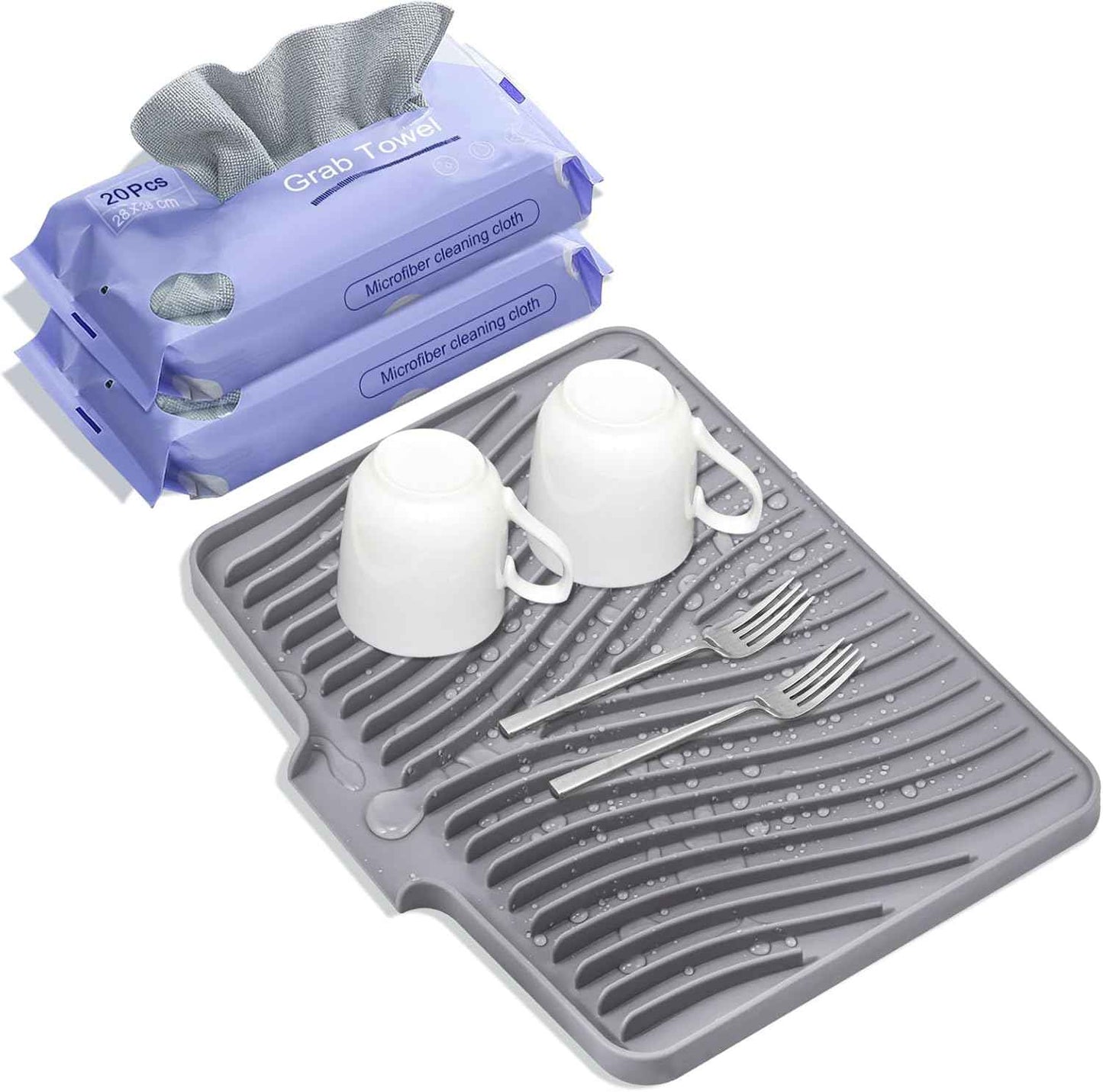 Silicone Dish Drying Mat for Kitchen Counter, Dish Drying Pad, Non-Slip Drain Pad with Built-in Drain, Heat Resistant Stone Drying Mat(15.8" x 13", Grey)