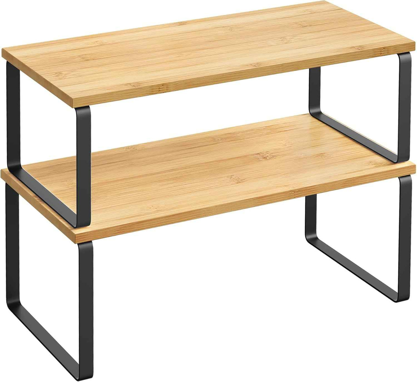 SONGMICS Cabinet Organizer Shelf, Set of 2 Kitchen Counter Shelves, Kitchen Storage, Spice Rack, Stackable, Expandable, Metal and Engineered Wood, Ink Black and Natural Beige UKCS02NB