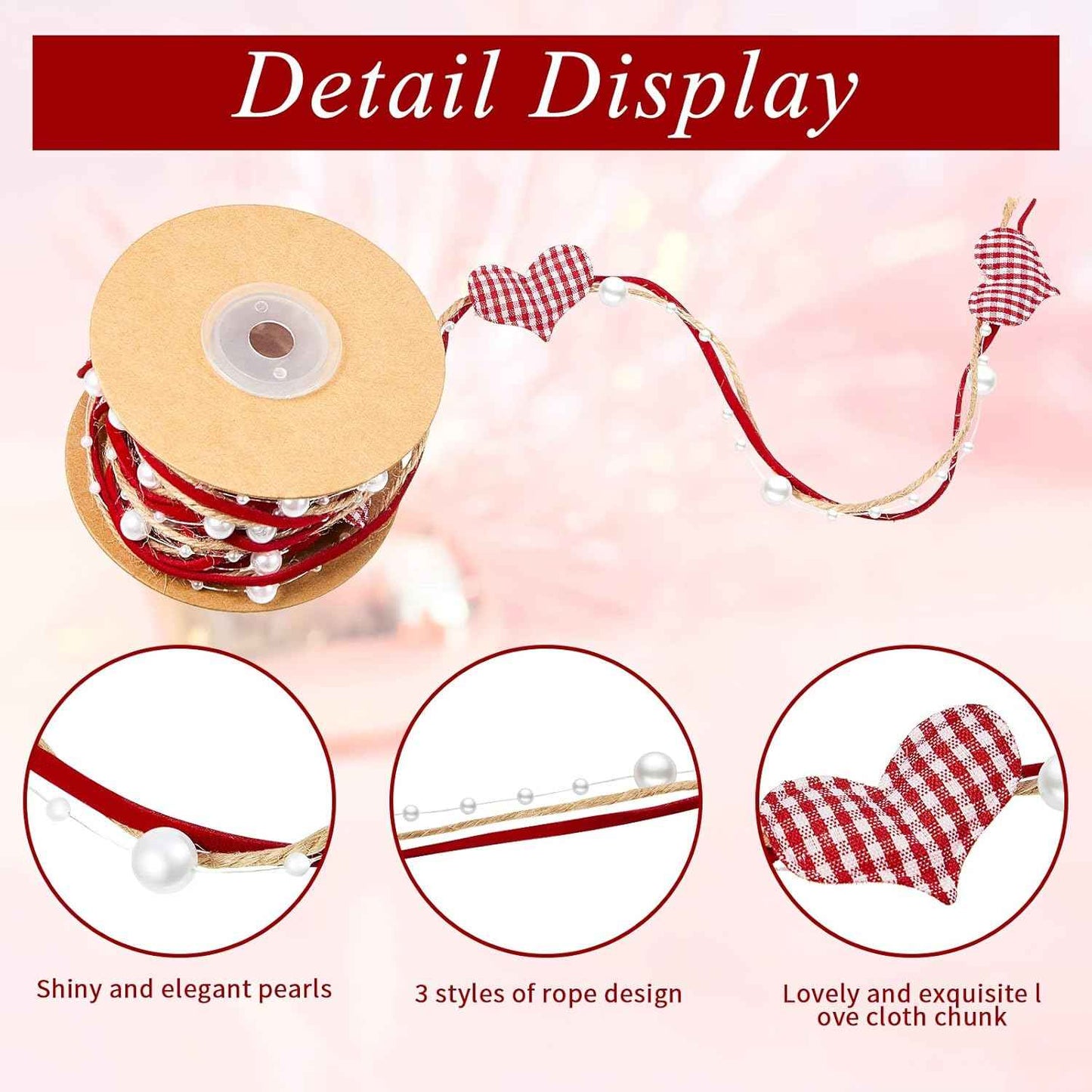 11 Yard/ 2 Rolls Valentine's Day Heart Beads Ribbon Stain Heart Garland Wreath Ribbon for Valentine's Day Wedding DIY Wrapping Crafts Wreath Christmas Tree Sewing Decoration