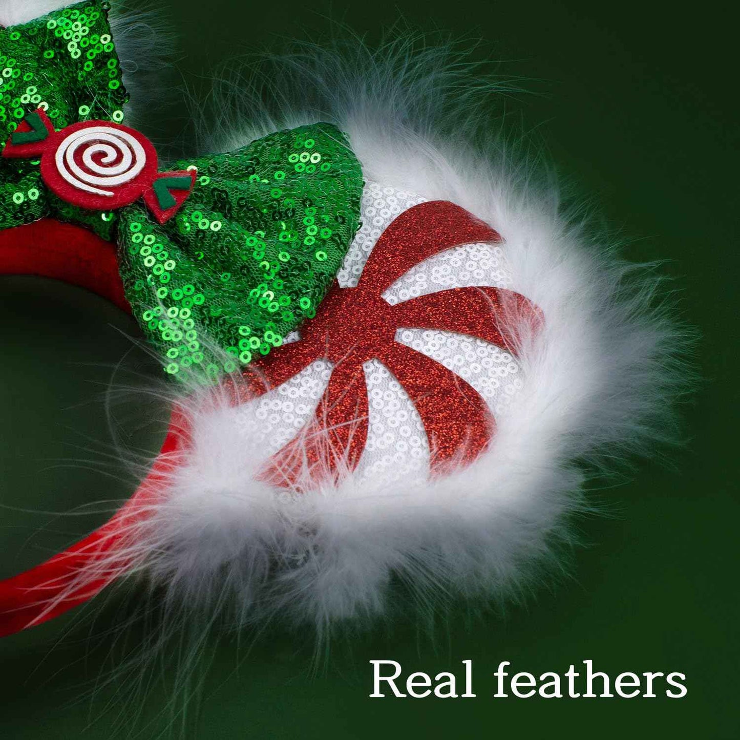 JIAHANG Christmas LED Flash Mouse Ear Headband, Lollipop Light Up Furry Edged Sequin Bow Hairband, Glowing Festival Party Decoration Headwear for Women Girls