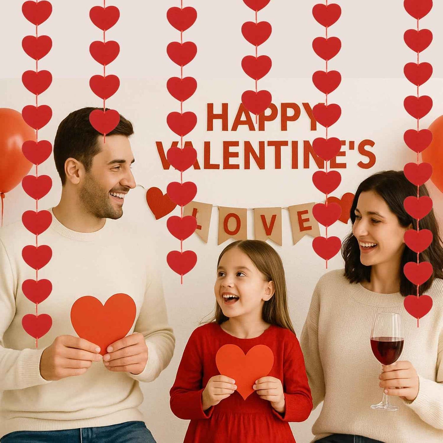 Valentines Day Decorations, 80Pcs Felt Red Heart Valentines Day Garland Banner Hanging for Wall, Party - Pre-Strung Valentines Galentines Wedding Hearts Decorations Streamers Decor