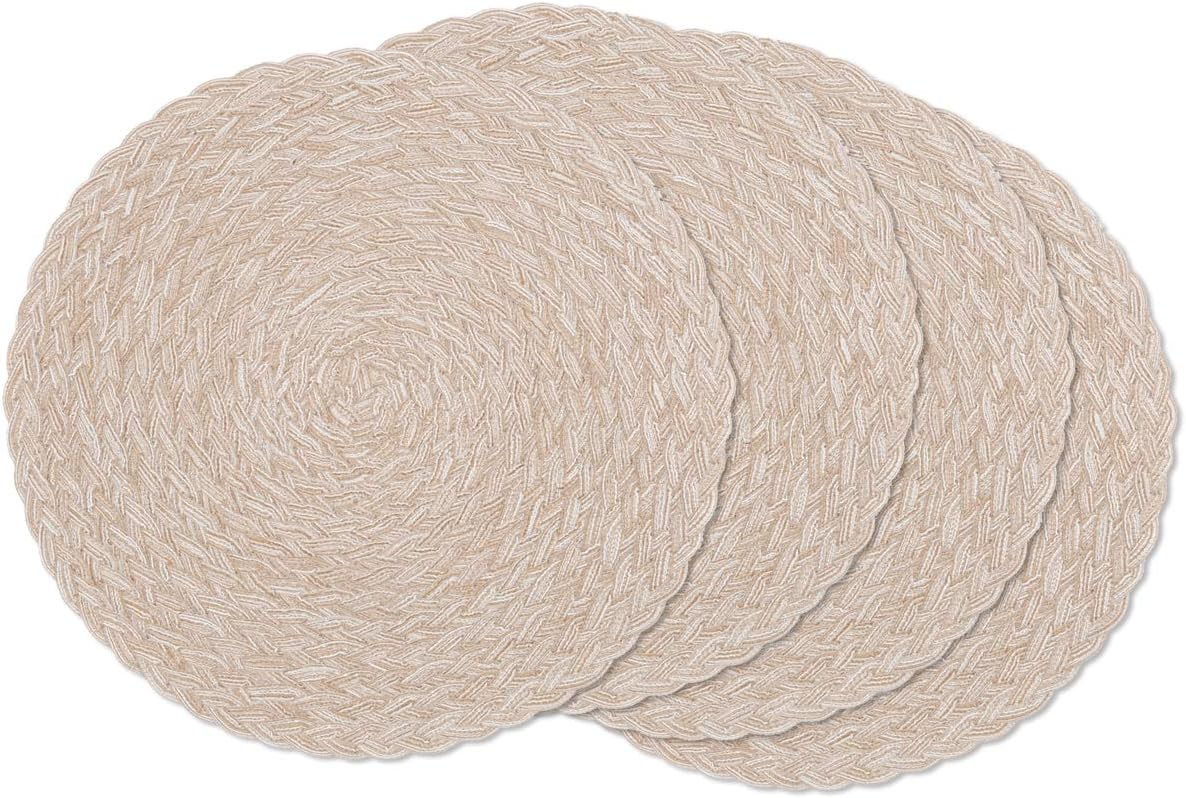 SHACOS 15 inch Round Braided Placemats Set of 6 Non Slip Heat Resistant Cotton Polyester Table Mats Washable Place Mats for Kitchen Dining Party Table Decor (Beige, 6)