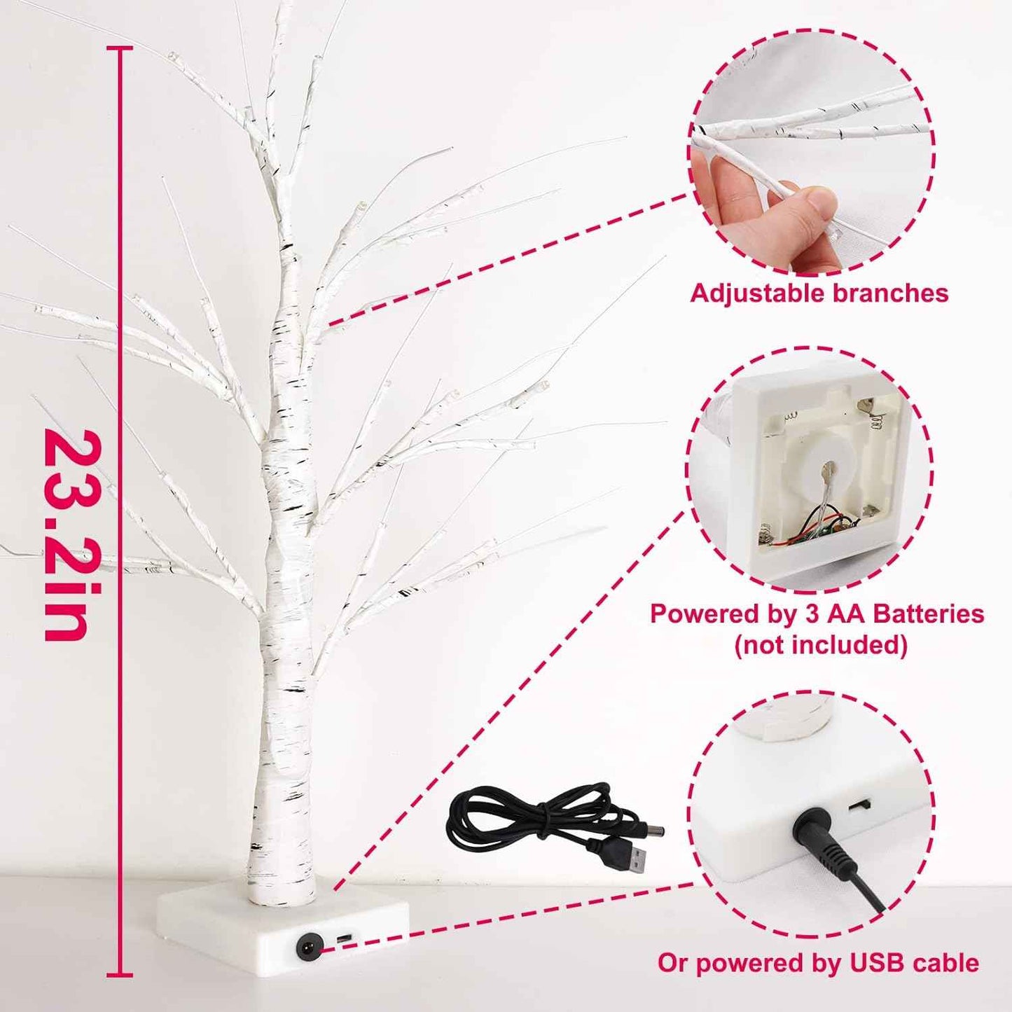 Valentines Day Decor Lighted Birch Tree with 24pcs Heart Ornaments, Valentine Table Decorations White Birch Twig Tree with LED Lights and Cute Heart Decor for The Home Wedding Dinner Gifts
