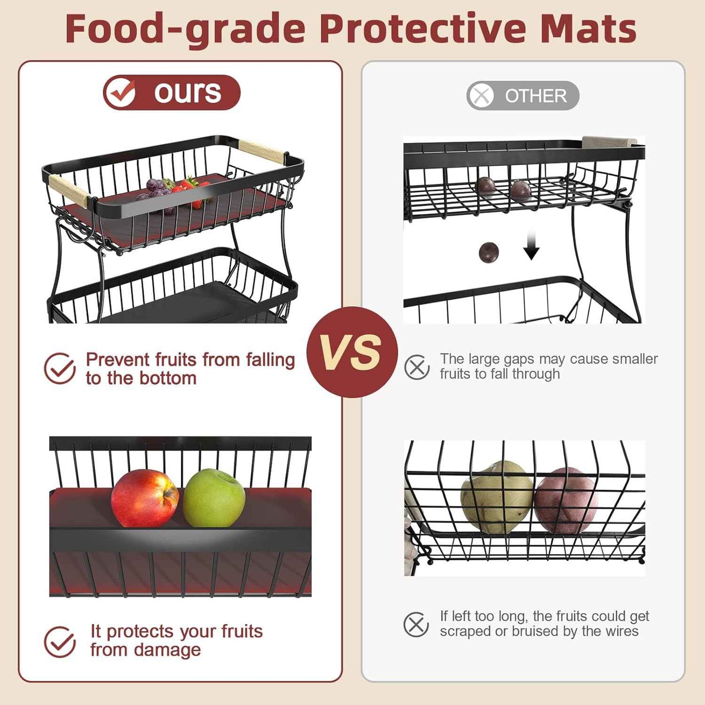 2 Tier Fruit Basket for Kitchen Counter with 2 Mobile Banana Hangers, 2025 Pro Detachable Metal Fruit Bowl with Wooden Handle, Fruit Holder for Bread Snack Veggies with Protective Mats