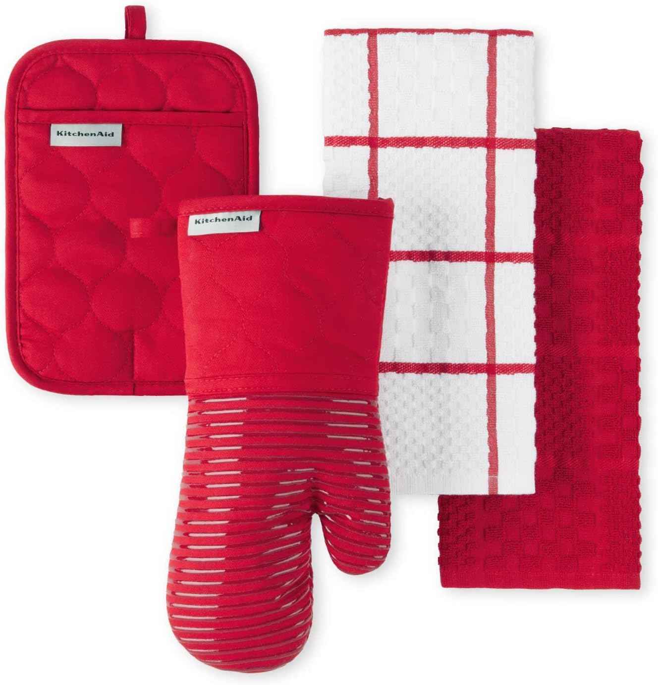 KITCHENAID Quilted Cotton Terry Cloth Oven Mitt, Pot Holder, Kitchen Towel 4-Pack Set, Heat Resistant, Silicone Grip, 16"x26", 7"x13" & 7"x10", Milkshake
