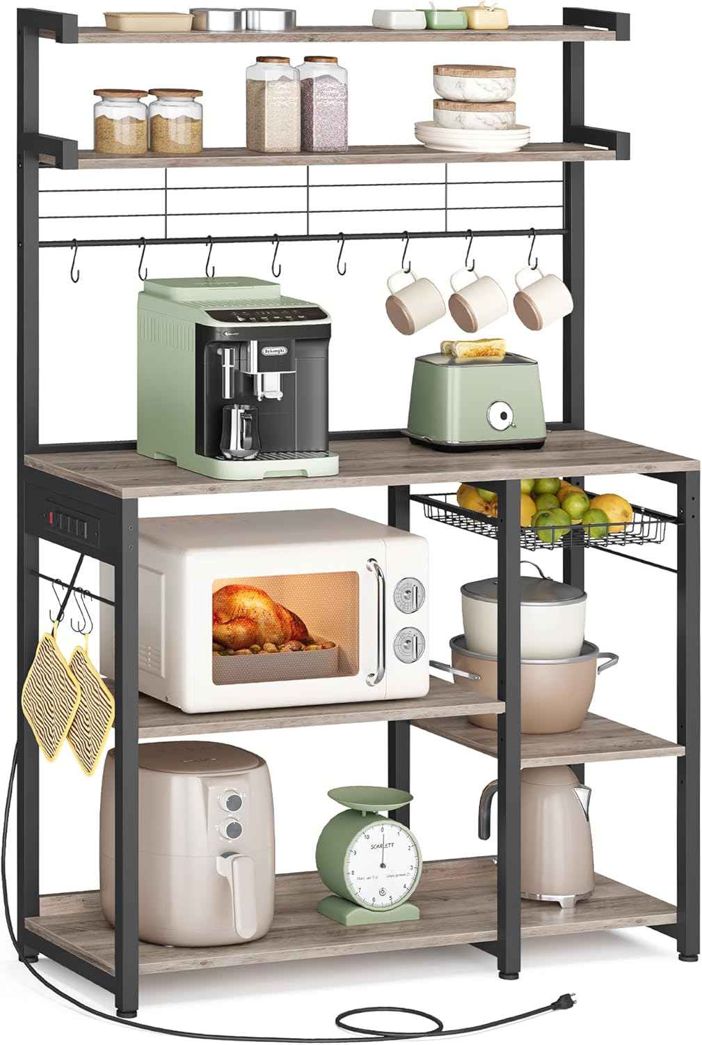 VASAGLE Baker's Rack, Microwave Stand, Kitchen Storage Rack with Wire Basket, 6 Hooks, and Shelves, for Spices, Pots, and Pans, Rustic Brown and Ink Black UKKS35X