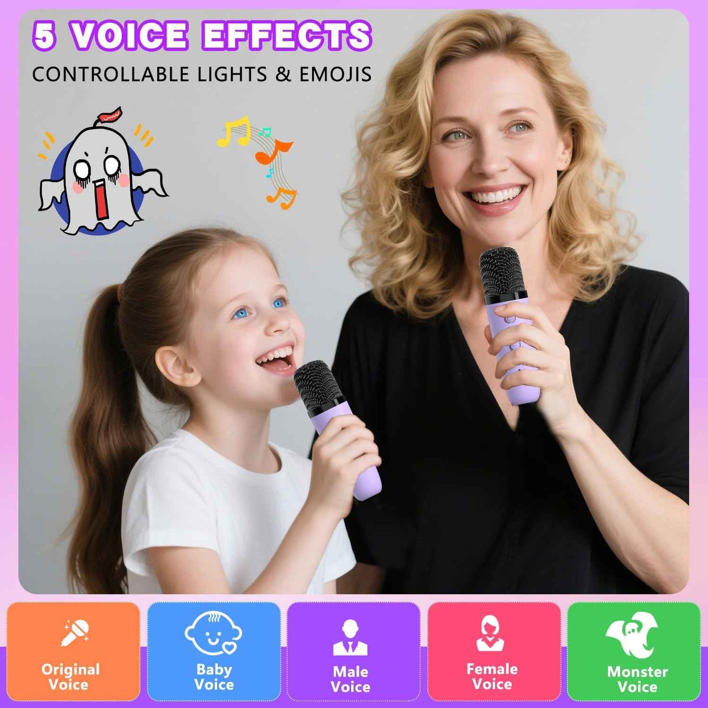 Mgaolo Upgraded Mini Karaoke Machine Toy for Kids, Portable Bluetooth Speaker with 2 Wireless Mics, Emoji & Colorful LED Lights, Home Travel & Party Play Gifts for Boys Girls (Purple)