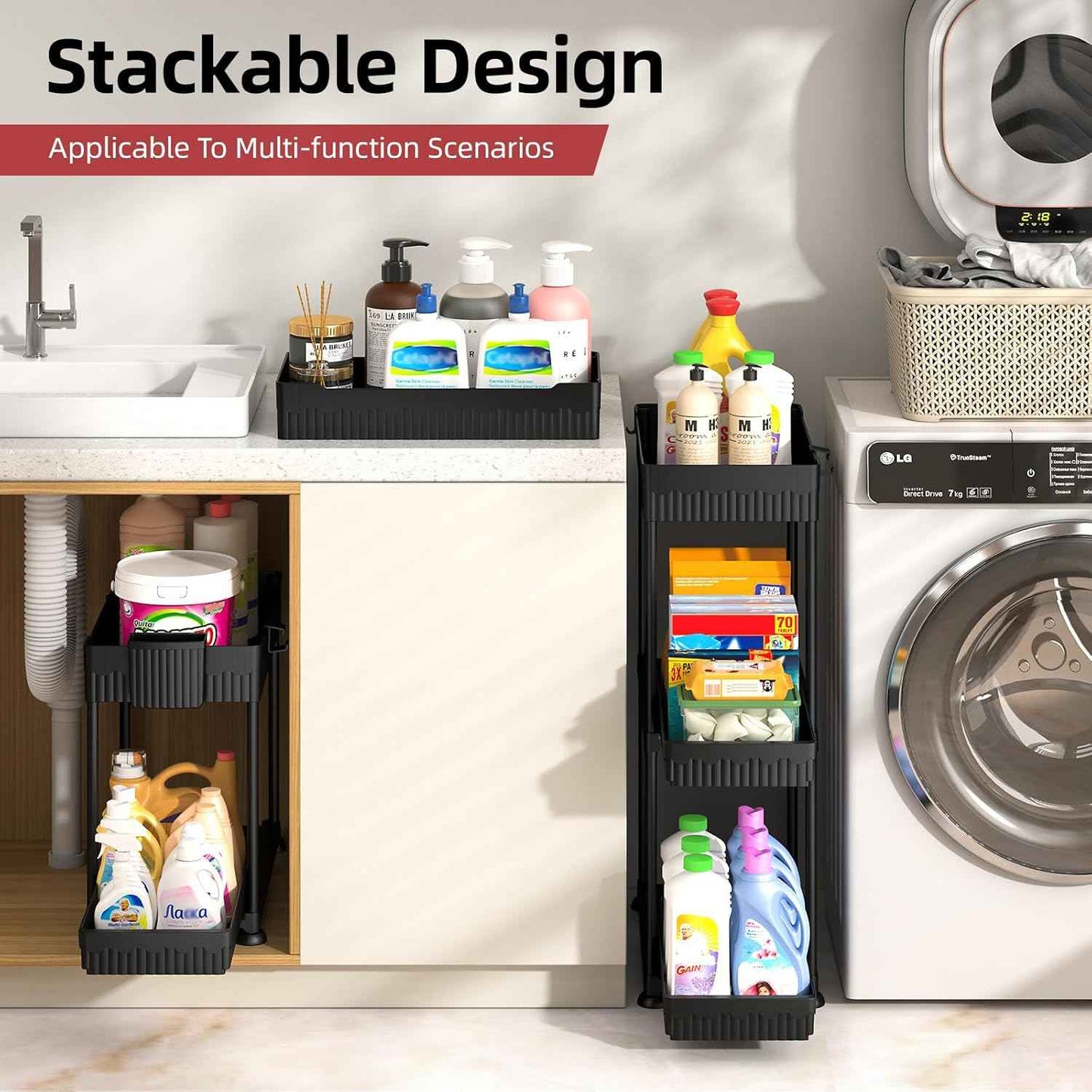 4 Pack Under Sink Organizer, Bathroom Organizers and Storage, 2 Tier Multi-Use Pull Out Cabinet Organizer with Hang Hooks and Cups (Black, 4 Pack)