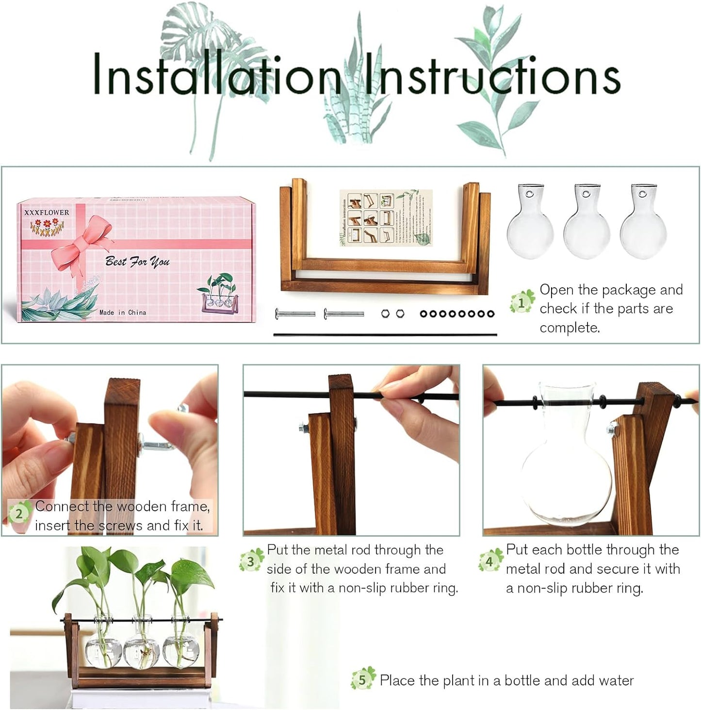 XXXFLOWER Plant Terrarium with Wooden Stand, Air Planter Bulb Glass Vase Metal Swivel Holder Retro Tabletop for Hydroponics Home Garden Office Decoration - 3 Bulb Vase - Rayz Mart