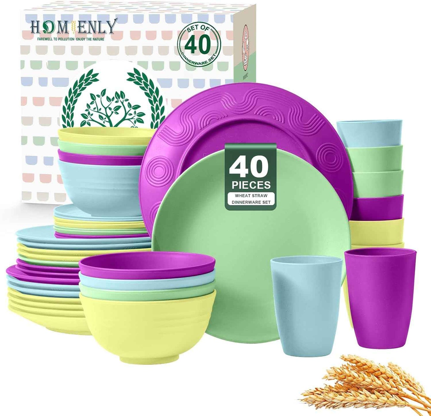 Homienly 40-Piece Premium Wheat Straw Dinnerware Sets, Service for 8, Unbreakable Plates and Bowls Set - Cups Sets, Dinner Plates, Bowls for Kitchen,Dishwasher and Microwave Safe Dishes Set - Multi