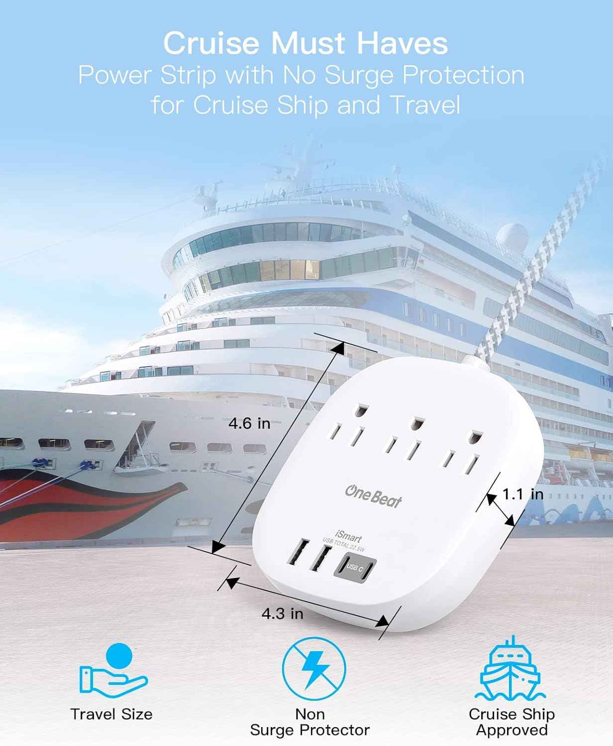 Flat Plug Power Strip, 5ft Ultra Flat Extension Cord - 3 Outlets 4 USB Ports (2 USB C) 22.5W/4.5A Desktop Charging Station, No Surge Protection for Cruise Ship, Dorm Room Travel Essentials